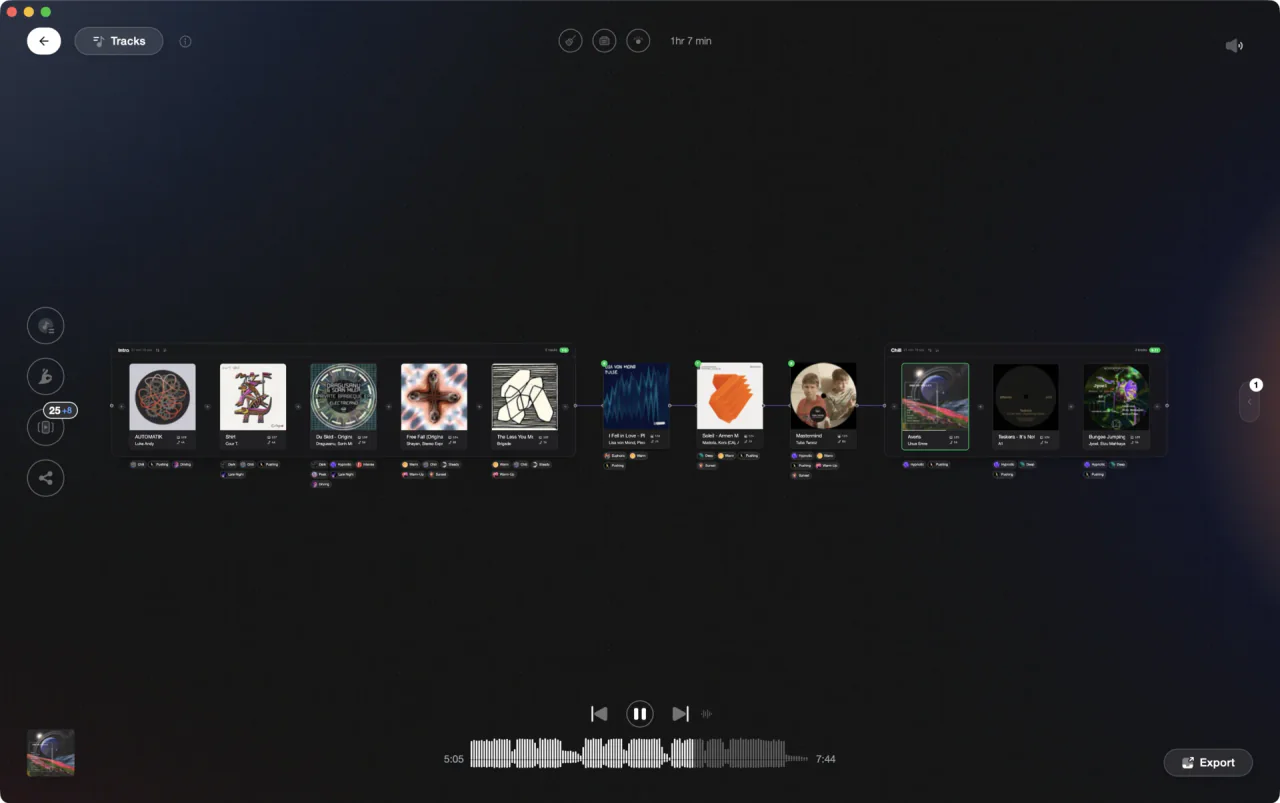 Set Designer canvas with a DJ set arranged into Intro and Chill chapters, tracks connected in playing order with vibe tags under each one