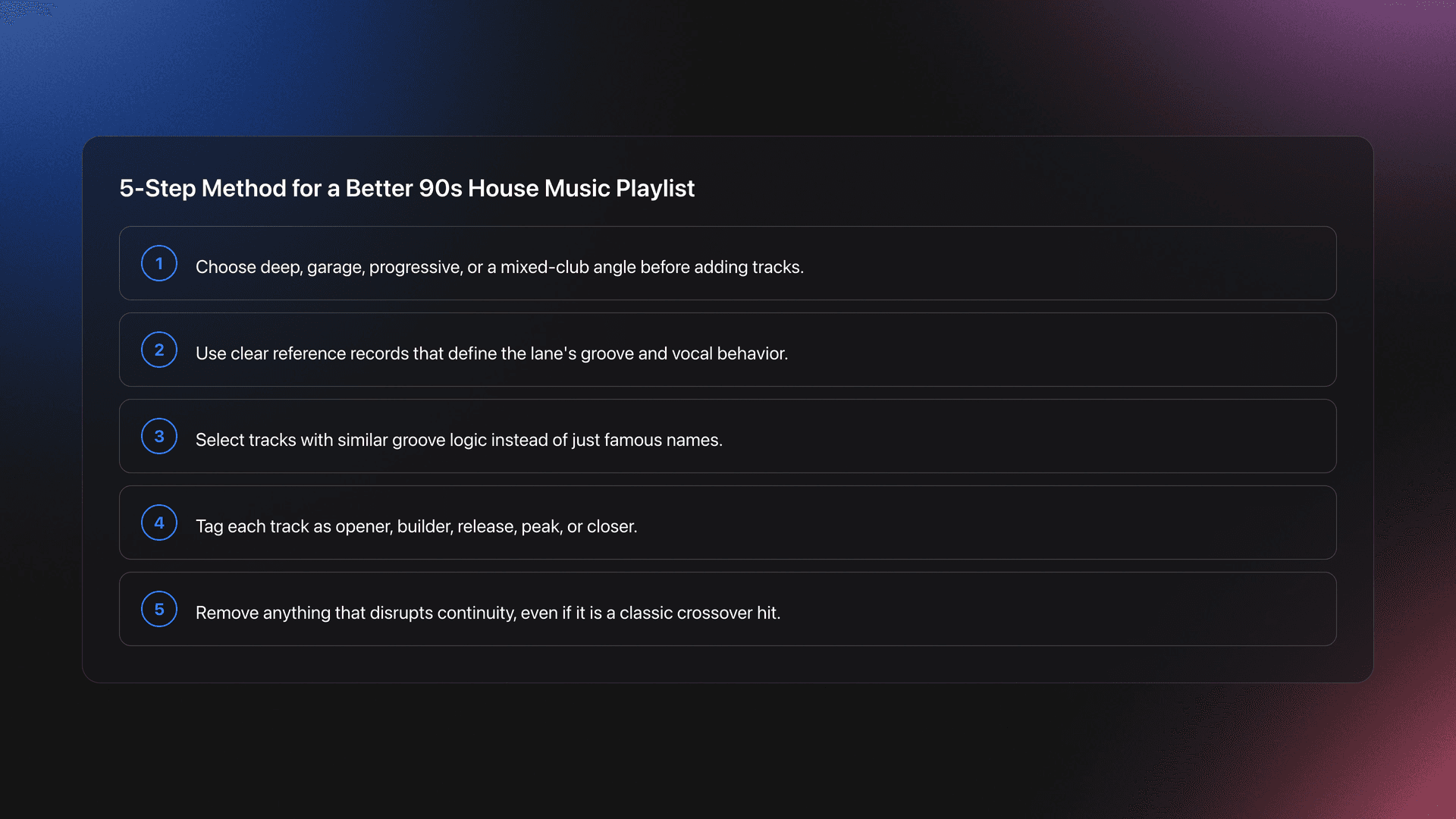 Step-by-step card outlining how to build a stronger 90s house music playlist by choosing a lane, anchor tracks, support tracks, functional sequencing, and removing tracks that break flow