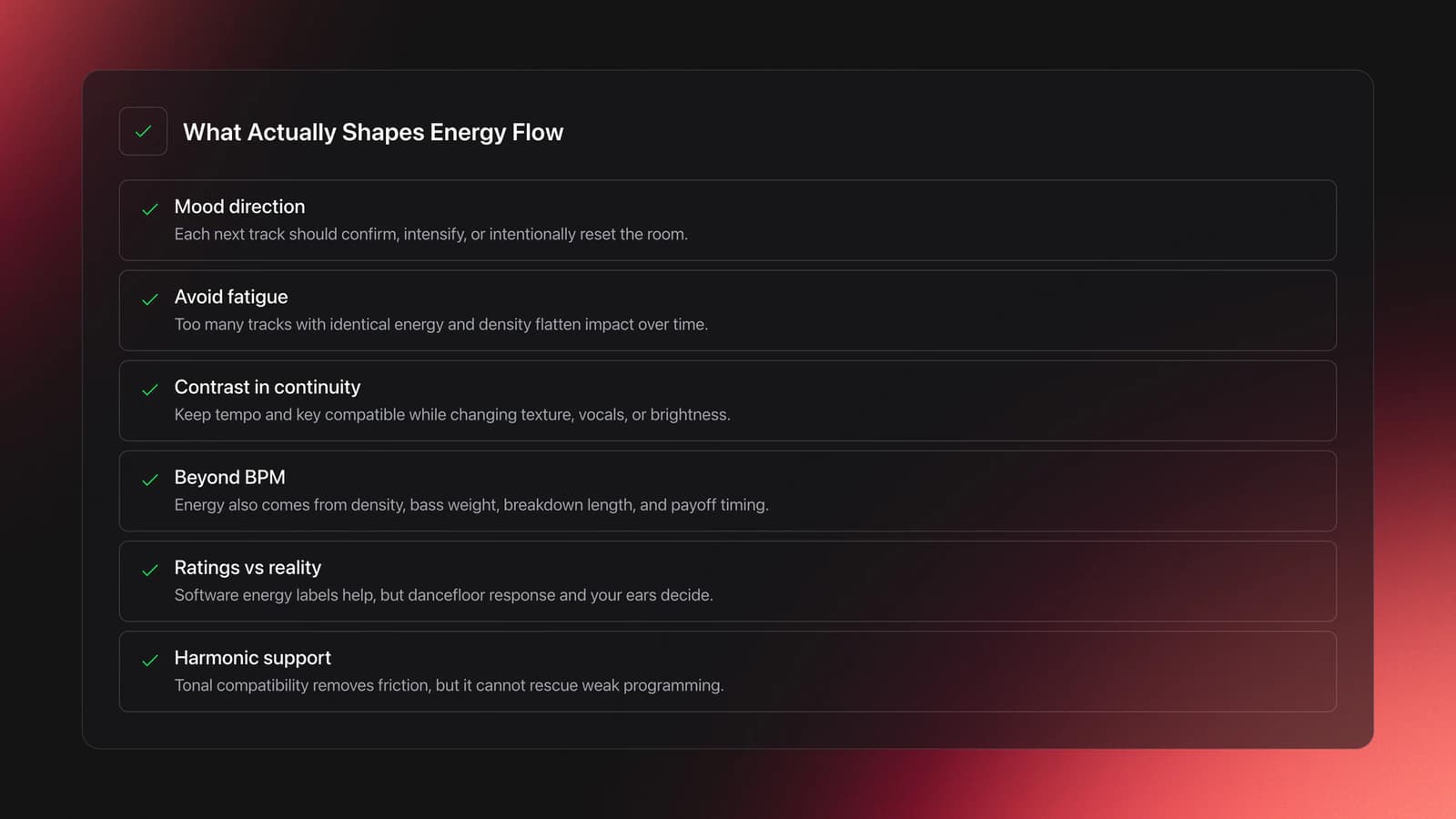 Feature card listing six factors that shape DJ set energy flow, including mood direction, fatigue, contrast, density, ratings, and harmonic support