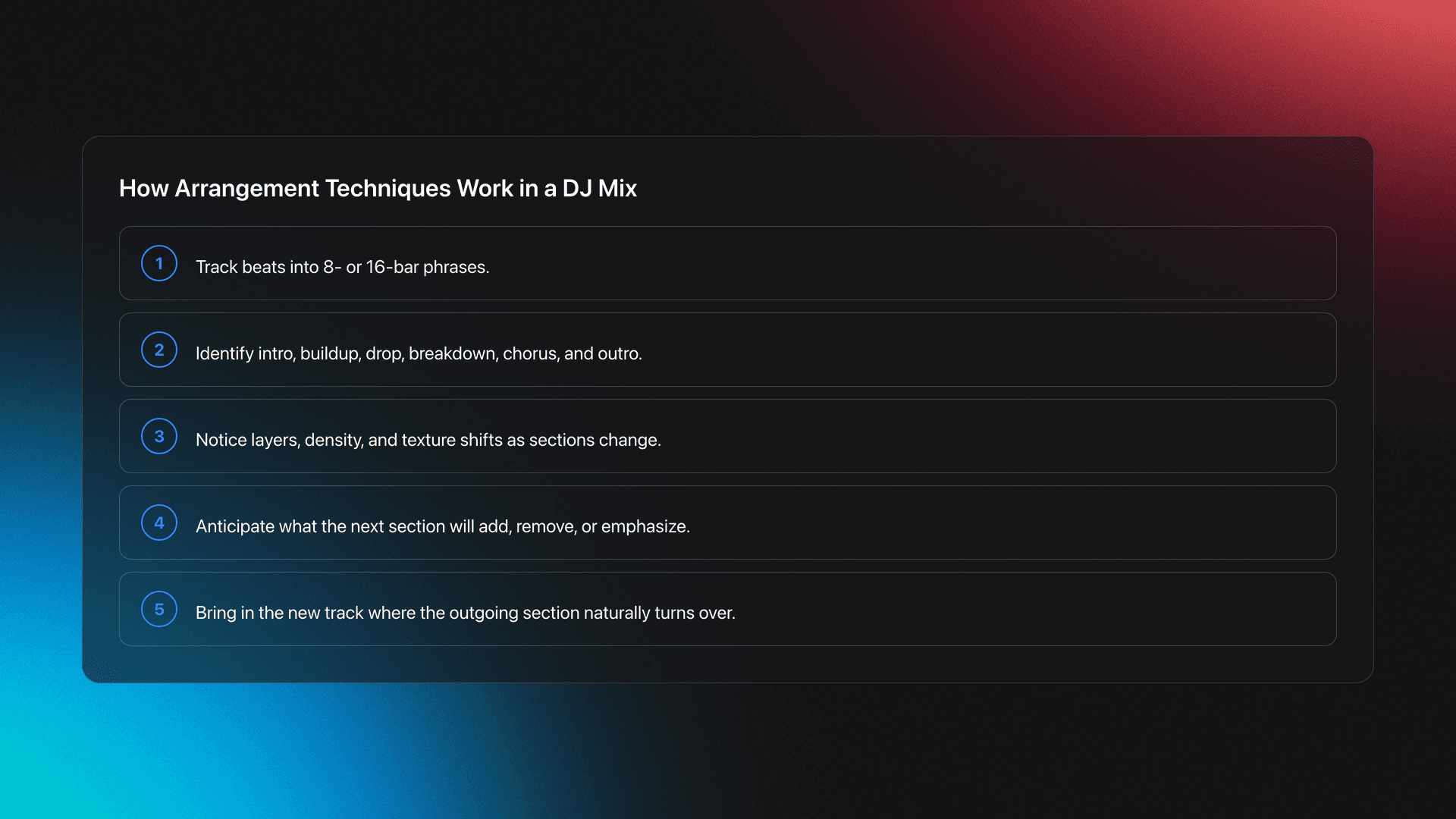 Steps card showing how DJs use arrangement techniques by counting bars, spotting sections, reading energy, predicting changes, and timing transitions