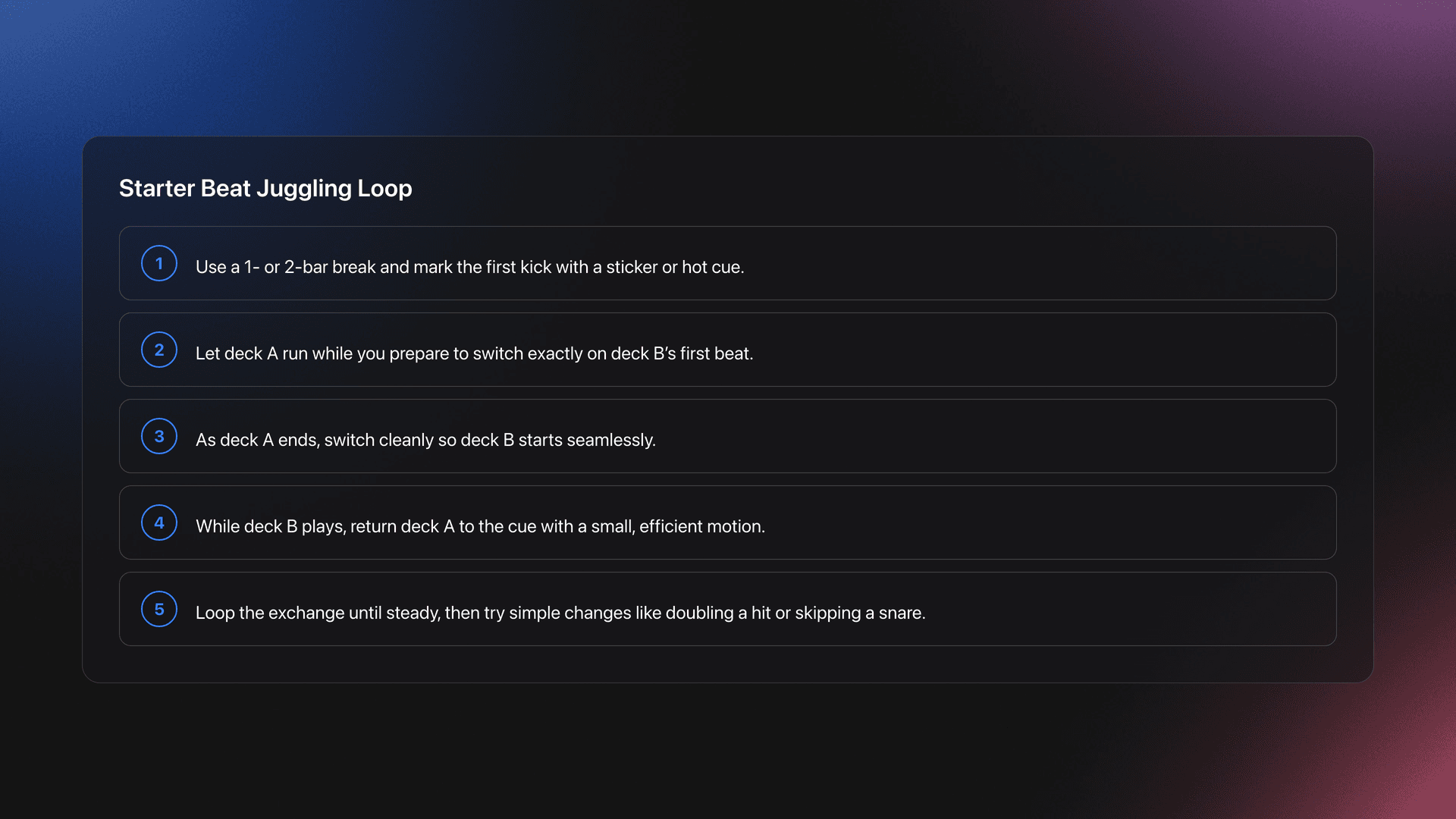 Step-by-step card showing the beginner workflow for beat juggling from choosing a break to repeating the deck exchange