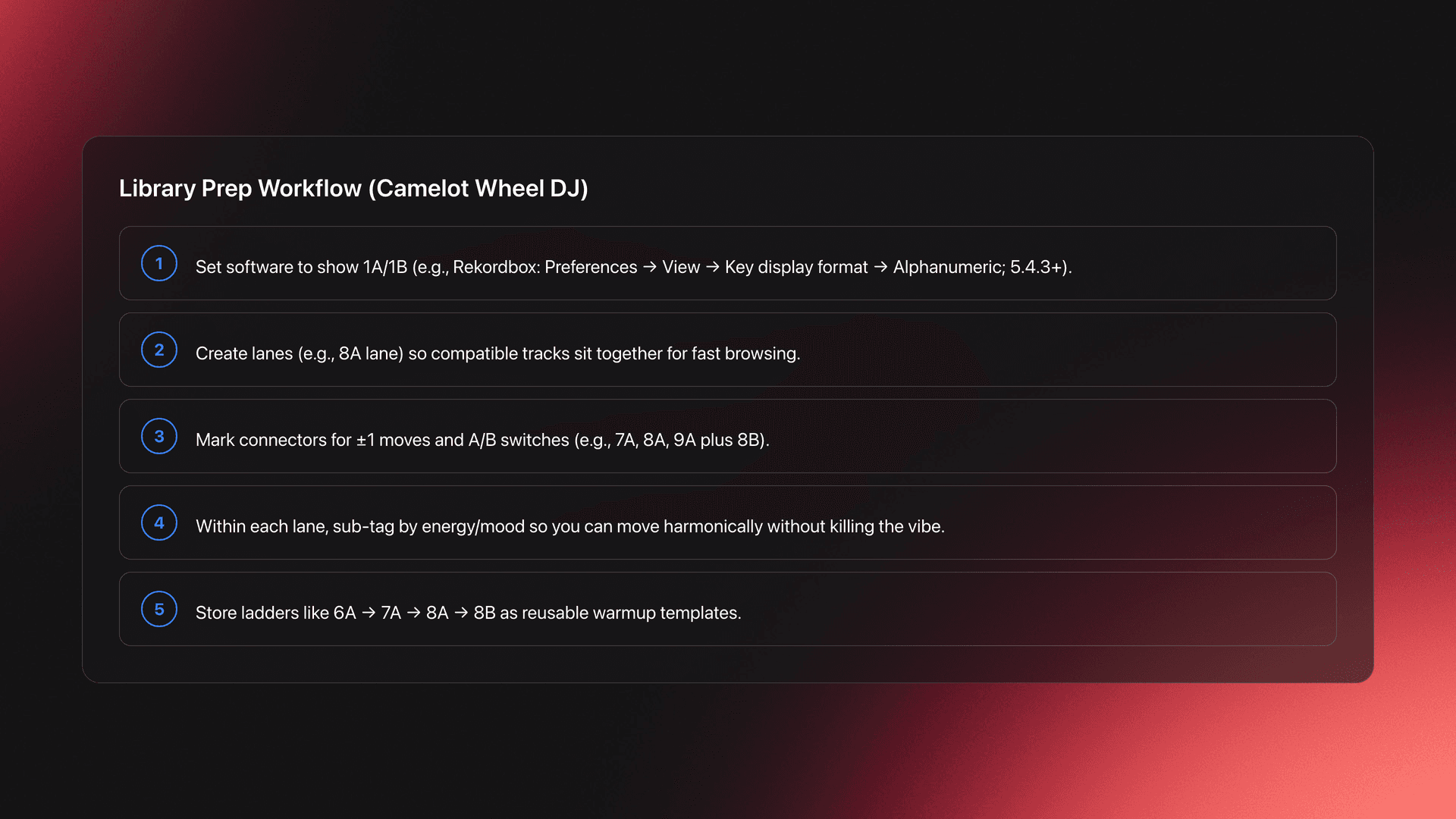 Step-by-step library preparation workflow for Camelot Wheel DJ harmonic mixing, from setting alphanumeric key display to tagging lanes and saving transition sequences