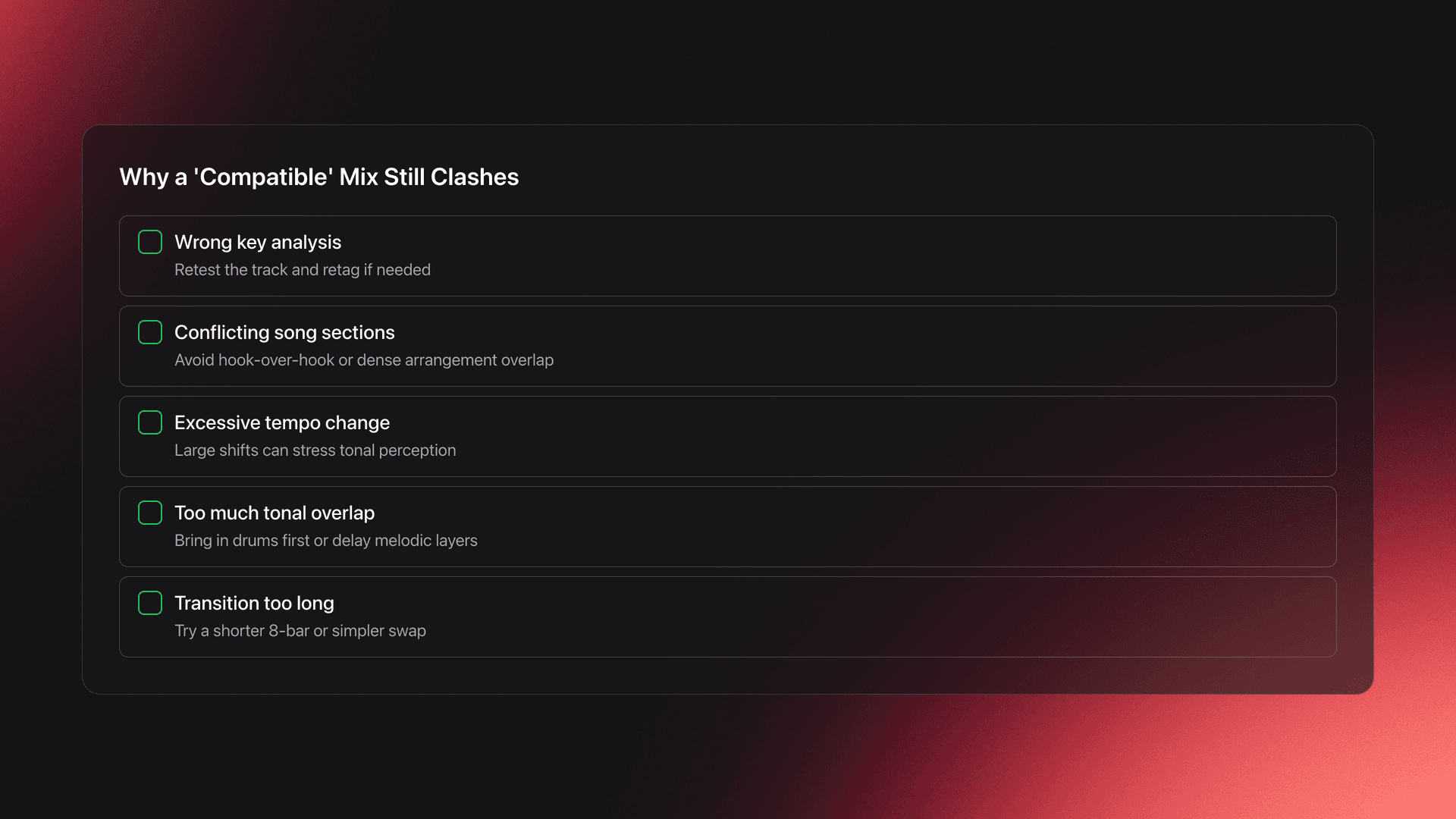 Checklist card for troubleshooting harmonic mixing problems, covering wrong key analysis, conflicting song sections, excessive tempo change, too much tonal overlap, and transitions that are too long