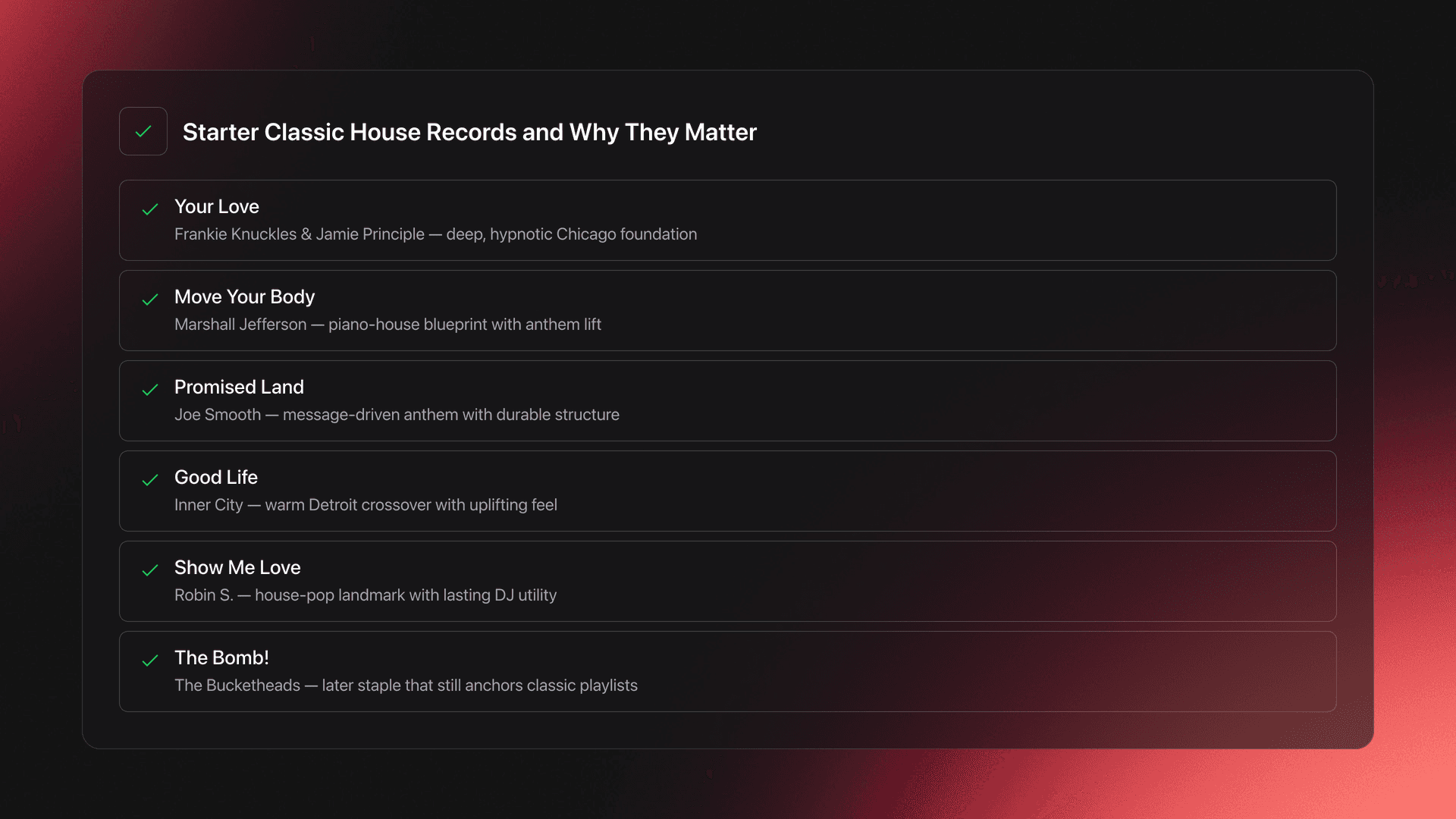 Feature card listing six classic house songs with a short note on what each contributes to the genre