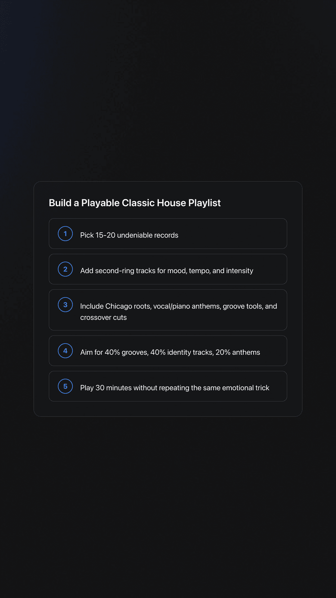 Steps card showing a five-step method for building a balanced classic house music playlist