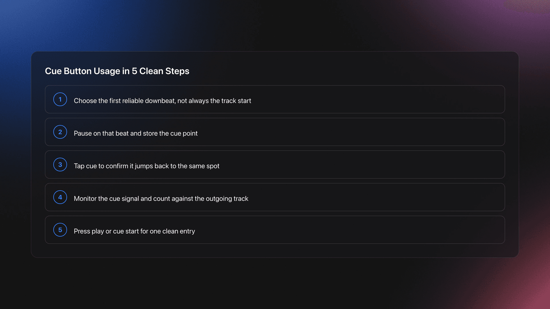 Step-by-step card showing how to use the cue button to set a start point, preview it, and launch a track on time