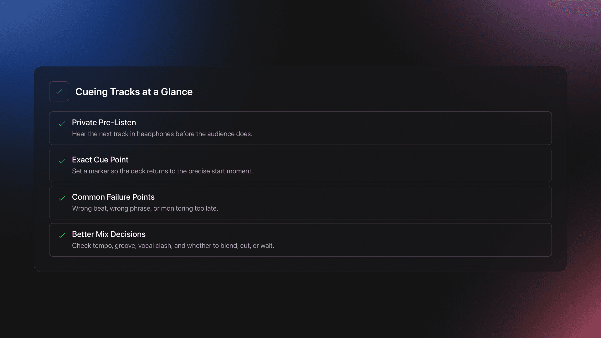 Feature card explaining cueing tracks as headphone pre-listening, cue point setting, common transition mistakes, and better mix decisions