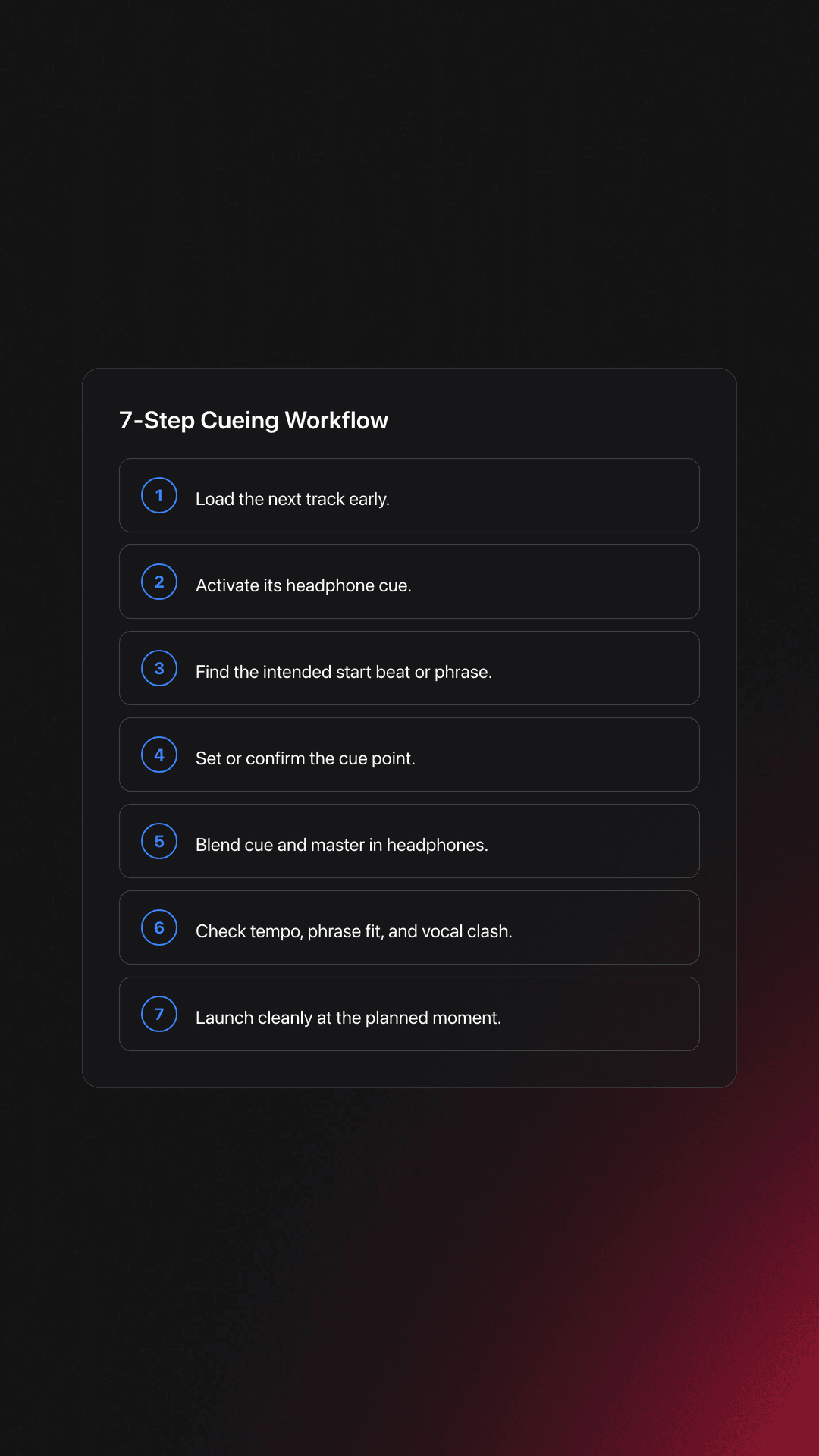Steps card showing the cueing tracks workflow from loading early to launching at the planned moment
