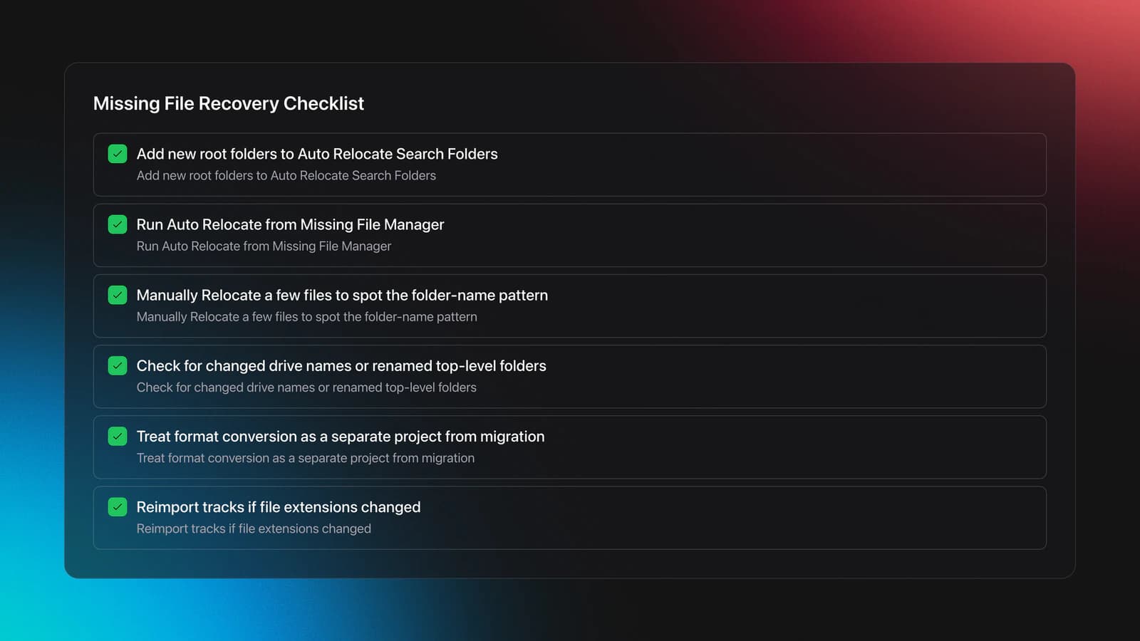 Checklist card for fixing missing files in Rekordbox after migration, including Auto Relocate, manual Relocate, and extension-change reimport steps