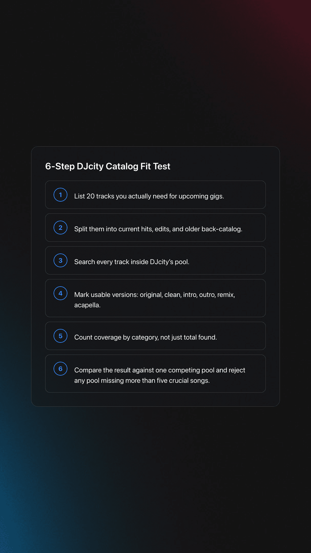 Step-by-step card showing how to test DJcity before paying by building a real gig list, checking versions, measuring category coverage, and comparing with a competing pool