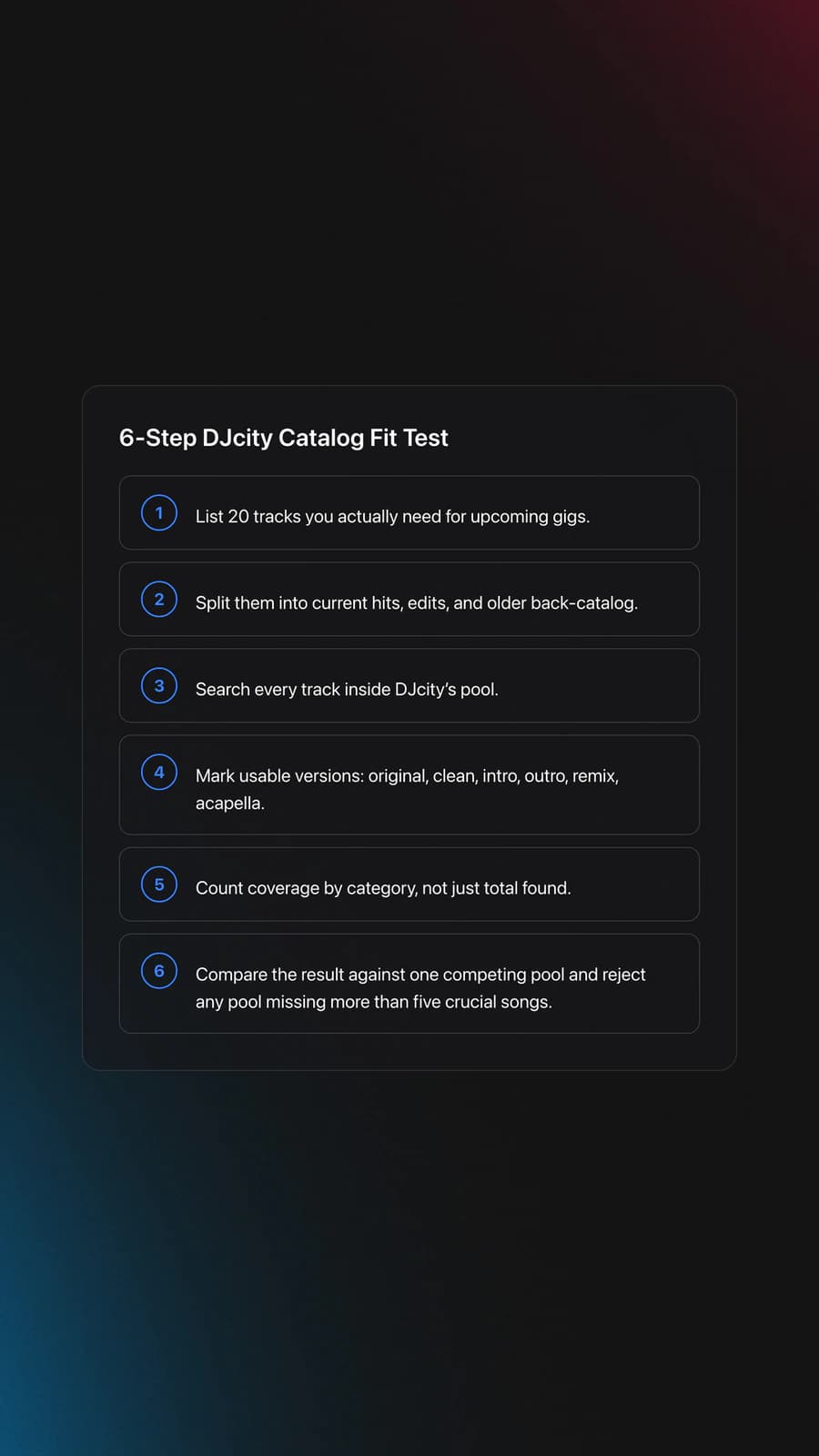 Step-by-step card showing how to test DJcity before paying by building a real gig list, checking versions, measuring category coverage, and comparing with a competing pool