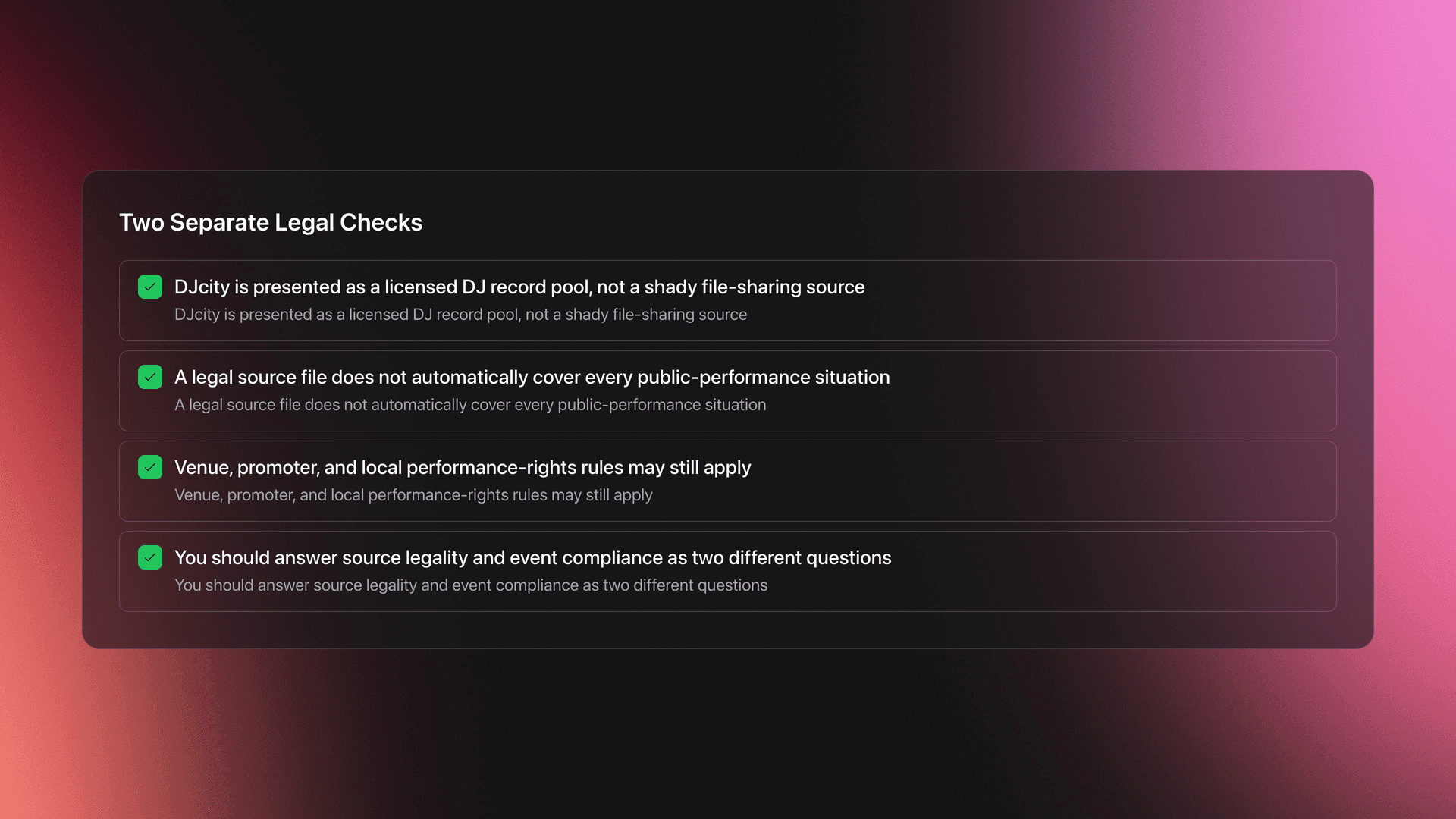 Checklist card separating DJcity source legality from venue and public-performance compliance requirements