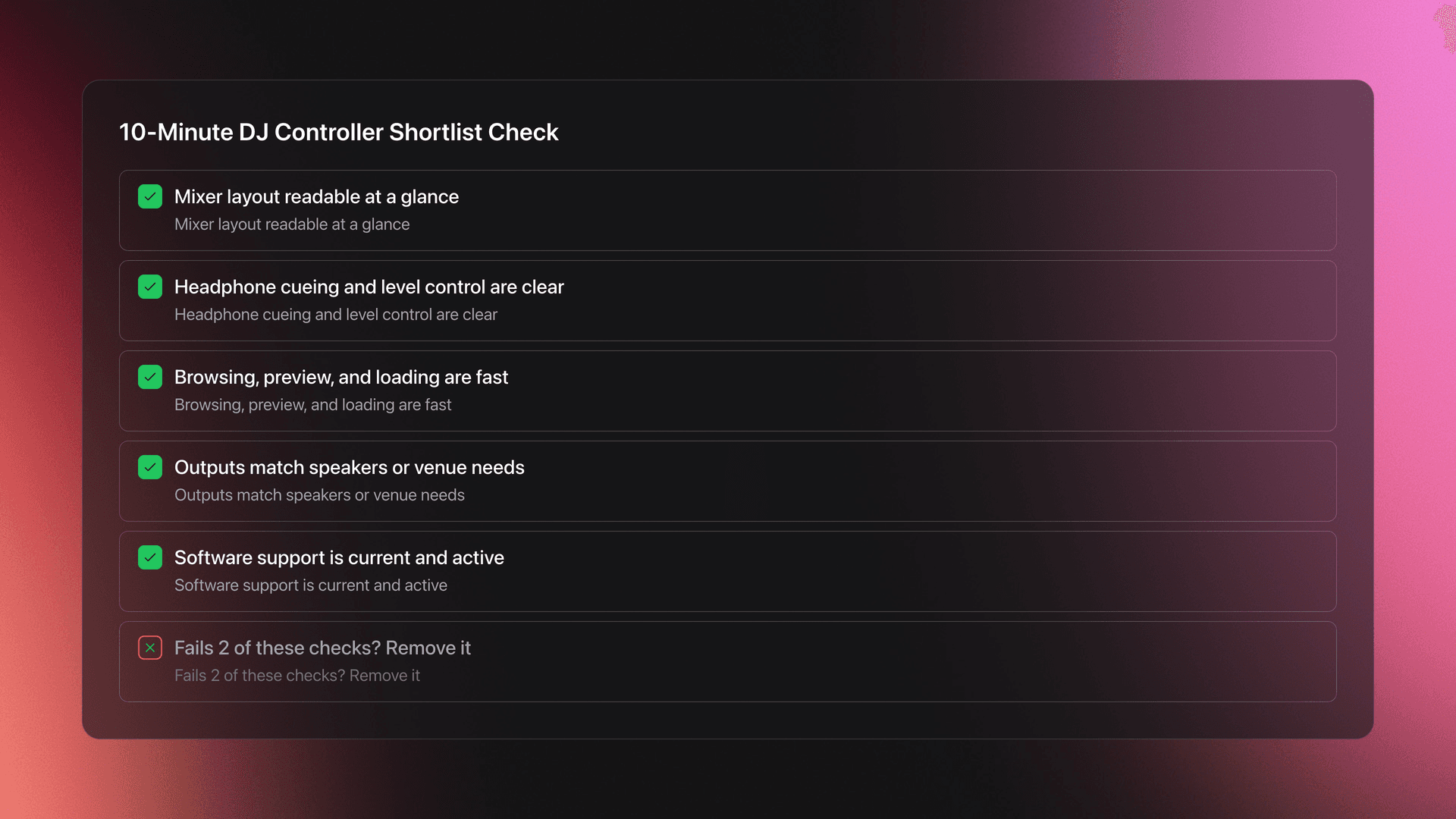 Checklist for evaluating a DJ controller by mixer layout, cueing, browsing, outputs, and software support