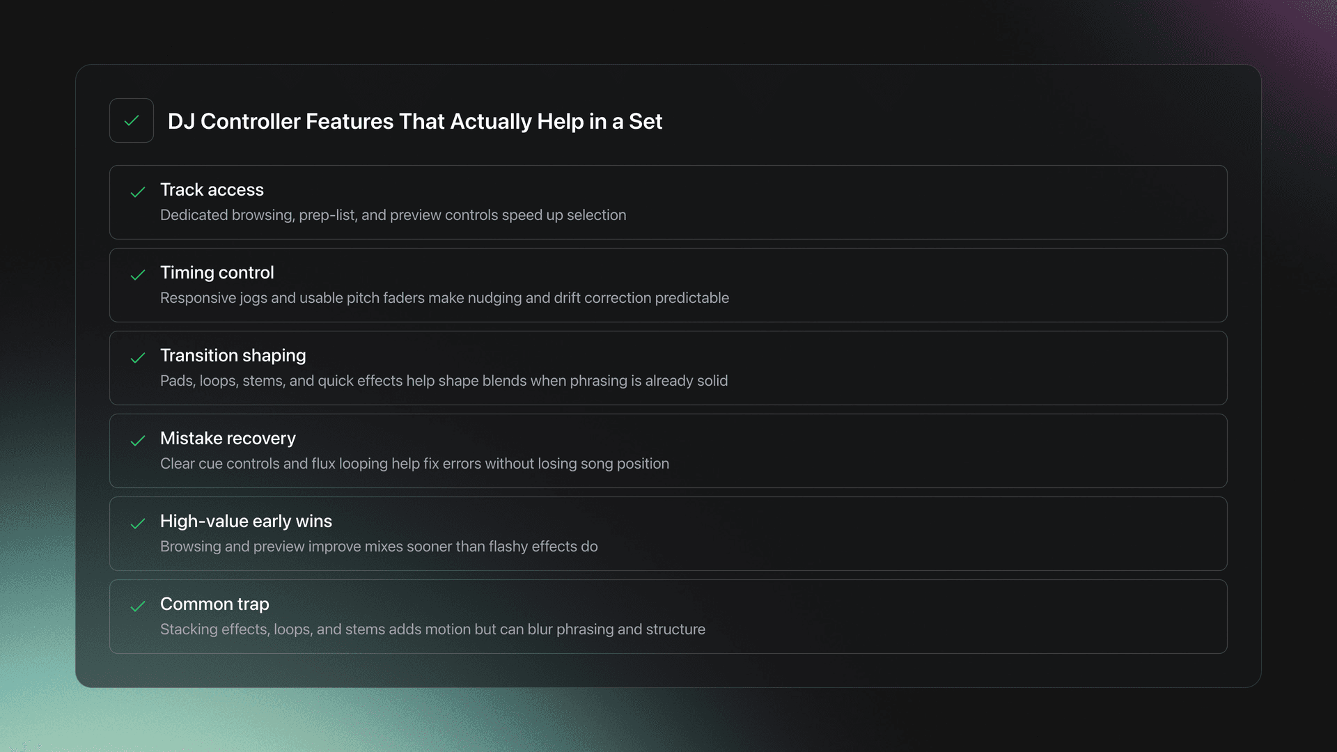 Feature card showing which DJ controller features improve track access, timing, transitions, and mistake recovery