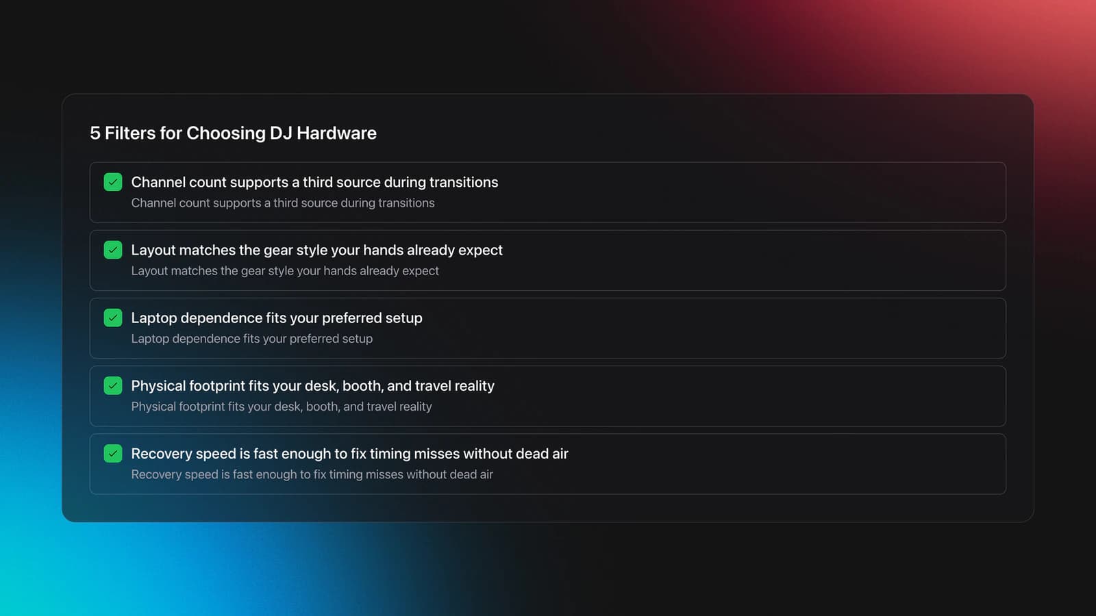 Checklist card summarizing five practical buying criteria for DJ hardware