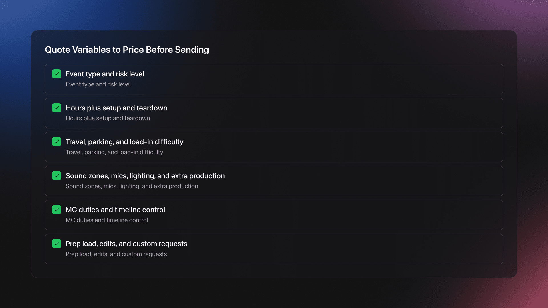 Checklist card of the main factors that can change a DJ quote quickly, including risk, hours, travel, gear, MC duties, and prep