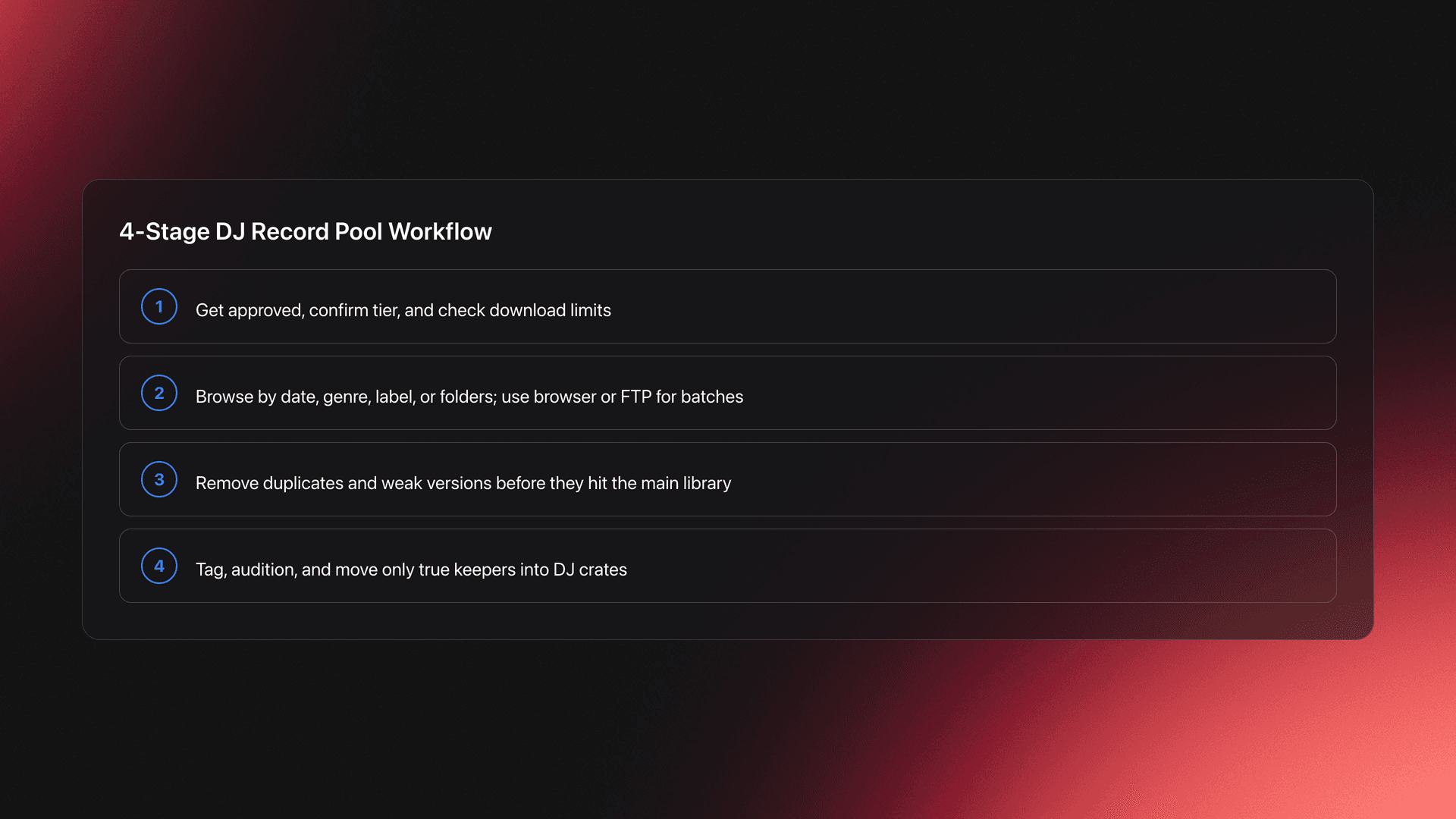 Steps card showing the four-stage workflow for using a DJ record pool: access, download, sort, and test