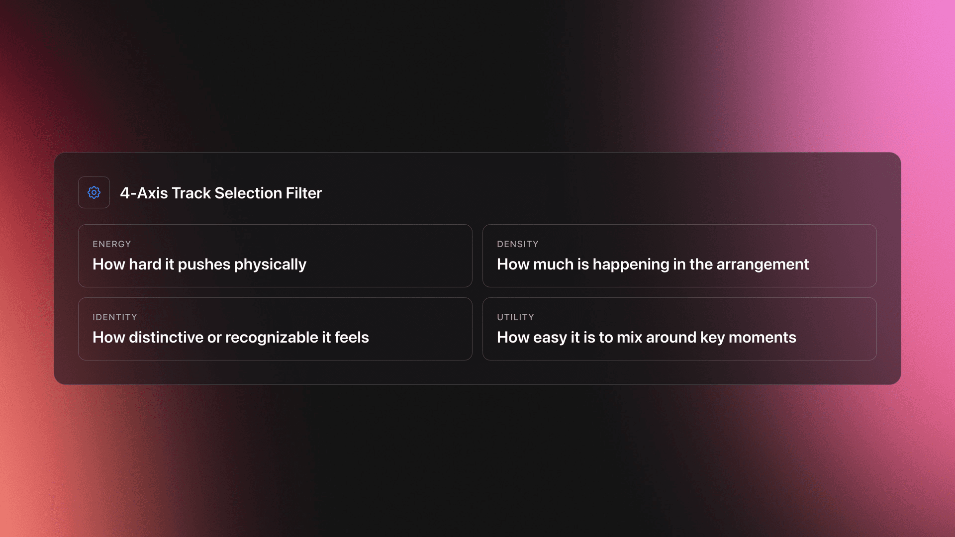Specifications-style card listing four track selection criteria: energy, density, identity, and utility