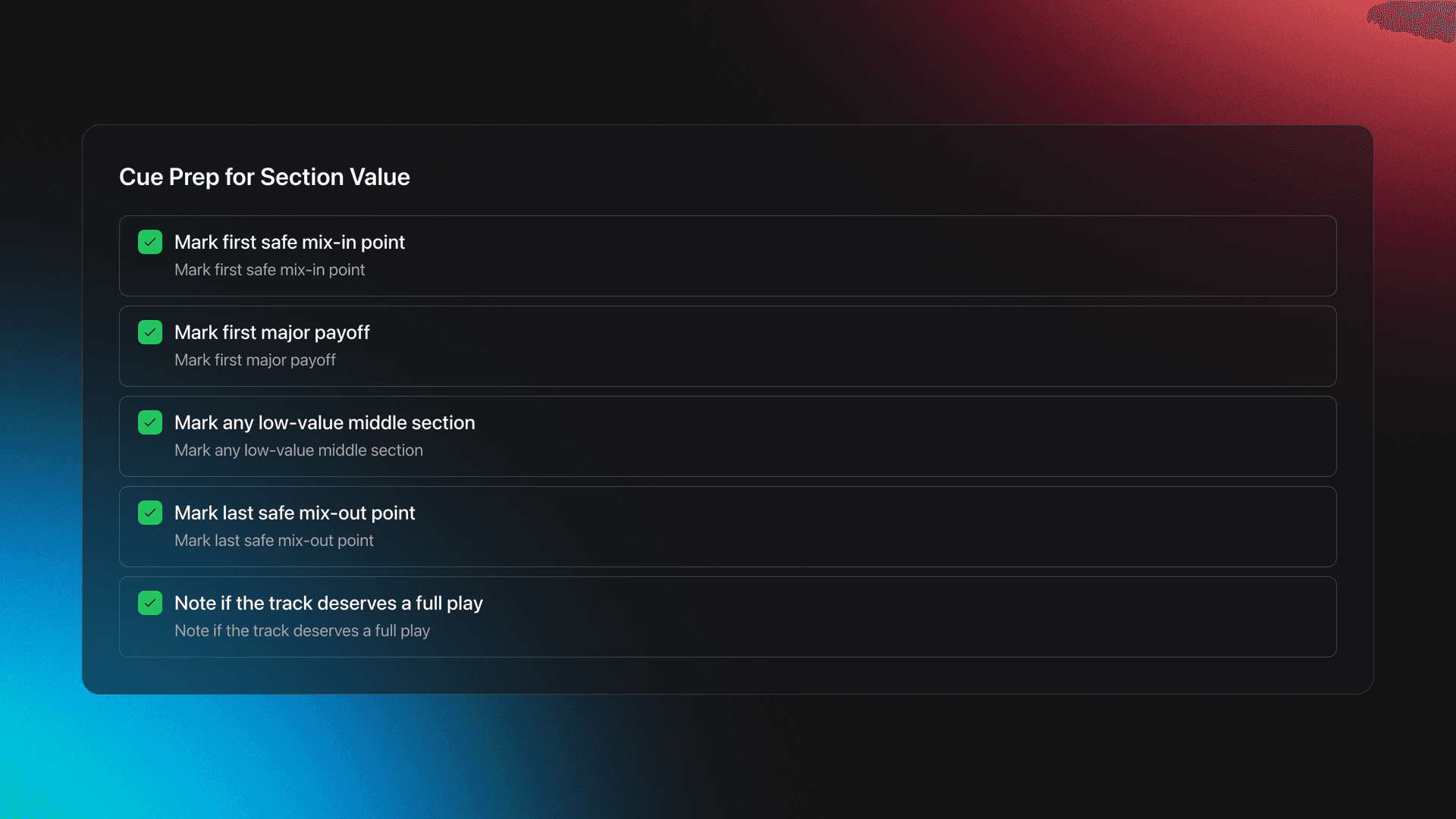 Checklist card showing five cue preparation steps for deciding track length in a DJ set