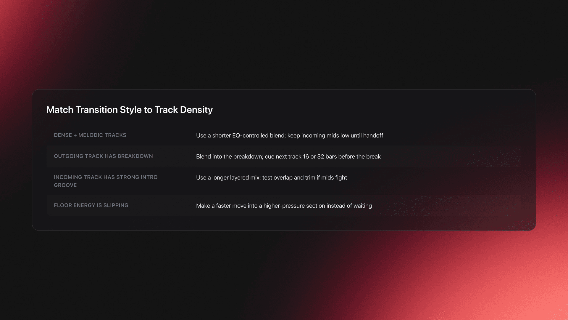 Table card matching DJ transition situations with the best approach and next action