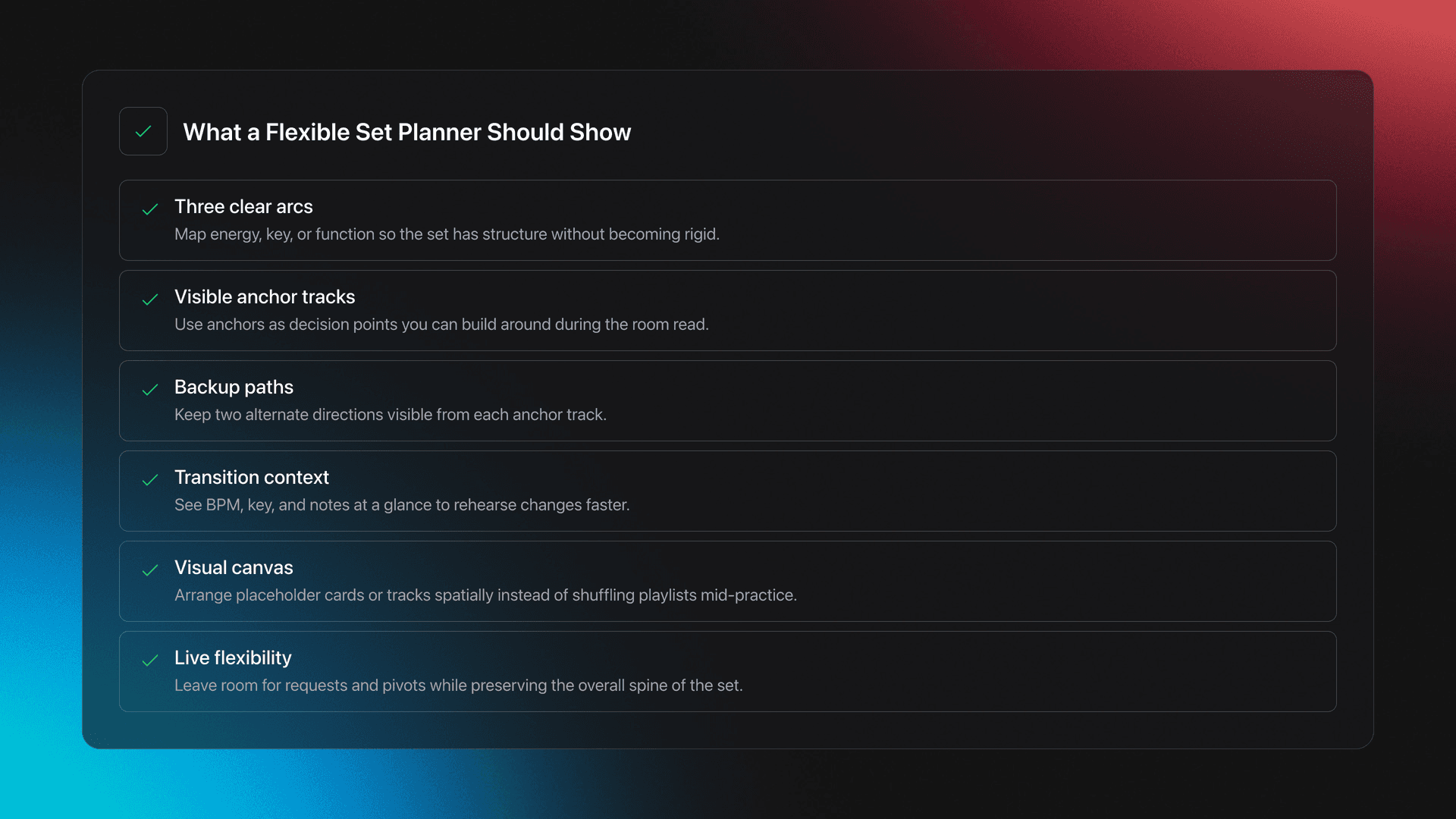 Feature card listing the key elements of a visual DJ set planning workflow