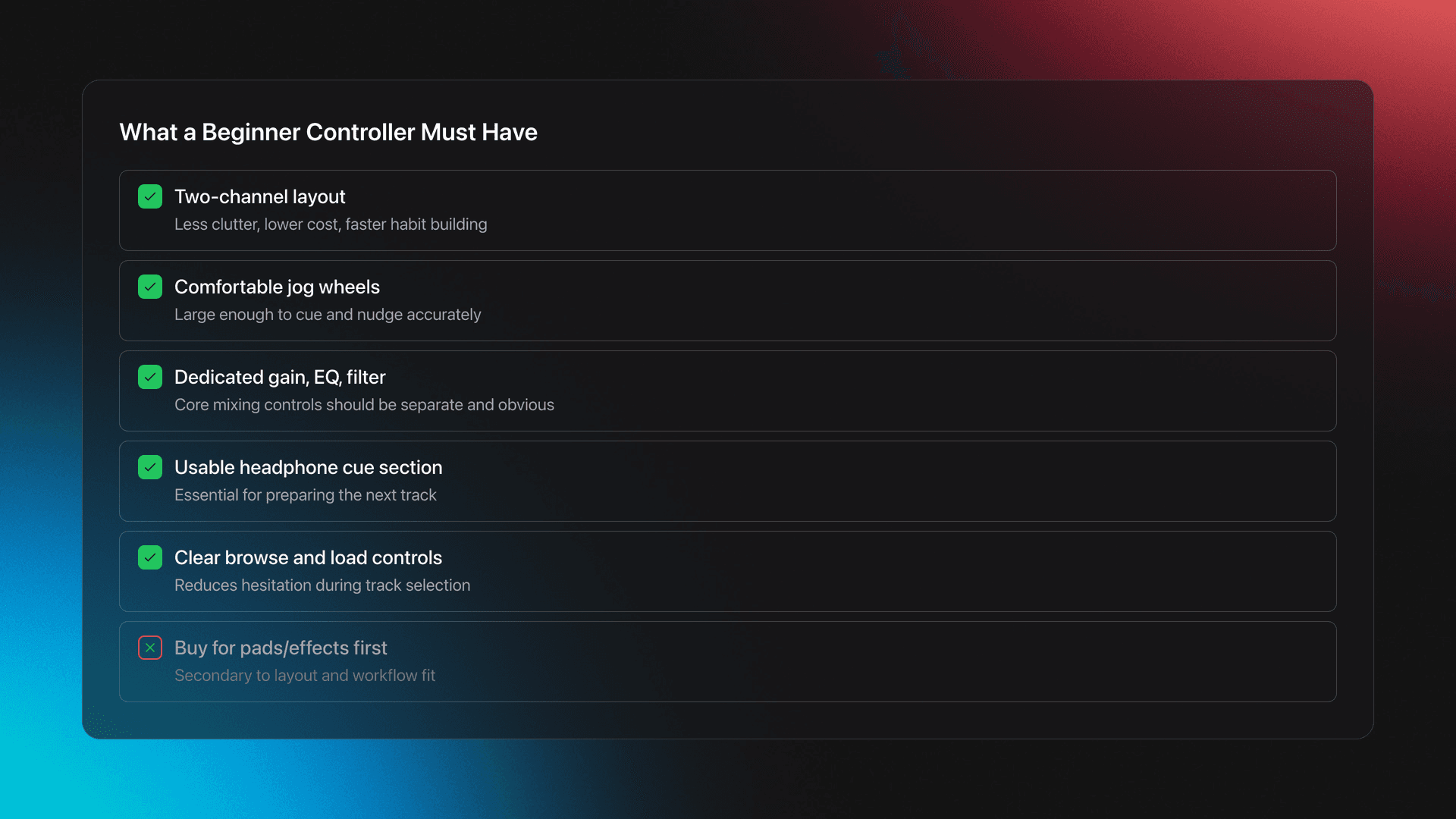 Checklist card showing the essential features to look for in beginner DJ controller options and one common buying mistake to avoid