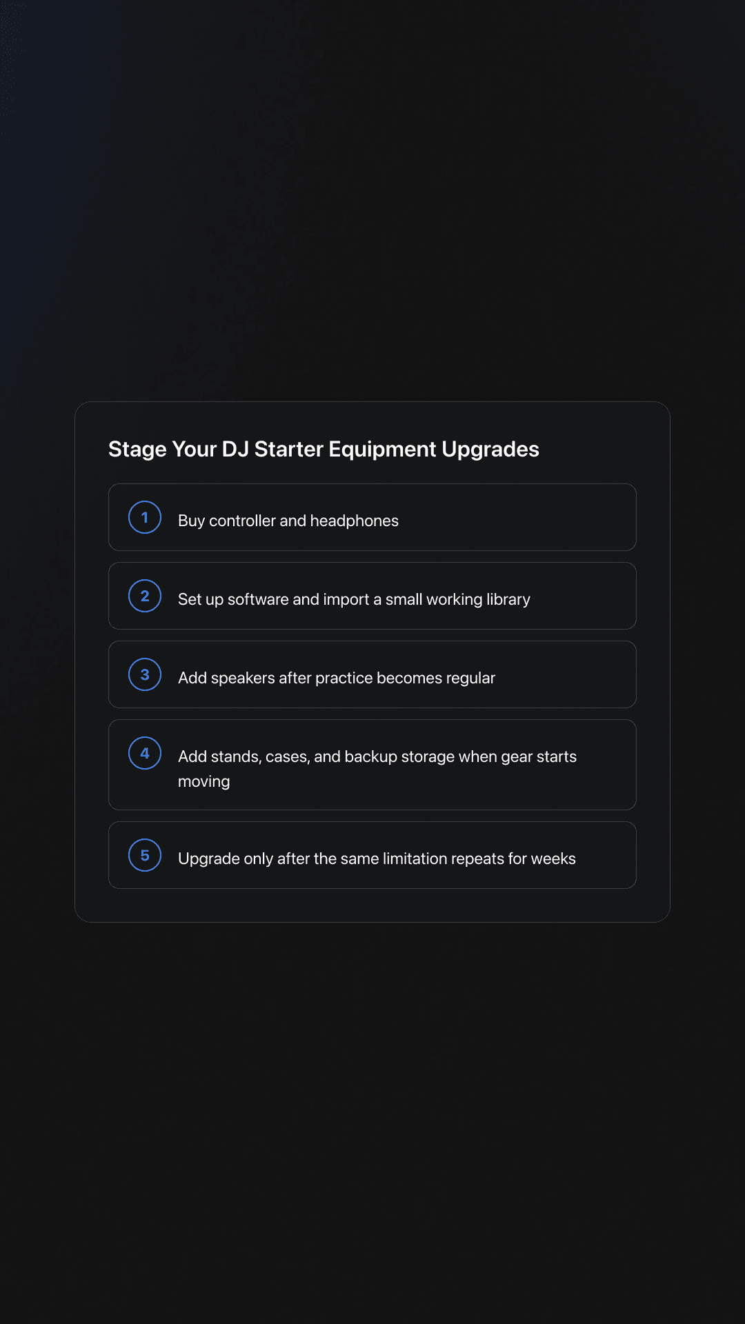 Steps card showing the staged sequence for building a basic DJ setup from first purchase to later upgrades