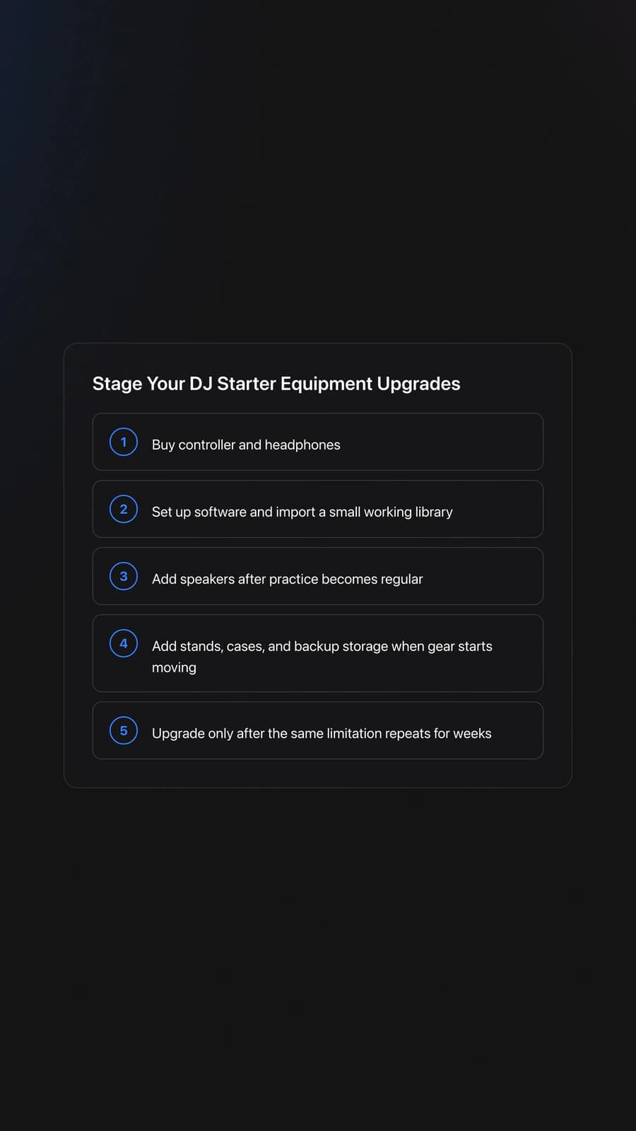 Steps card showing the staged sequence for building a basic DJ setup from first purchase to later upgrades