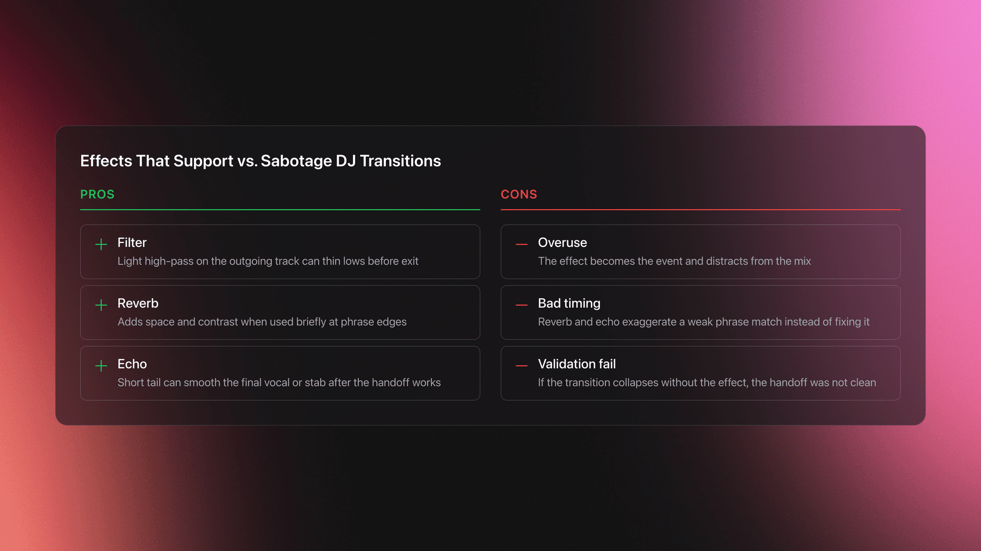 Pros and cons card comparing helpful uses of filters, reverb, and echo against common mistakes that sabotage DJ transitions