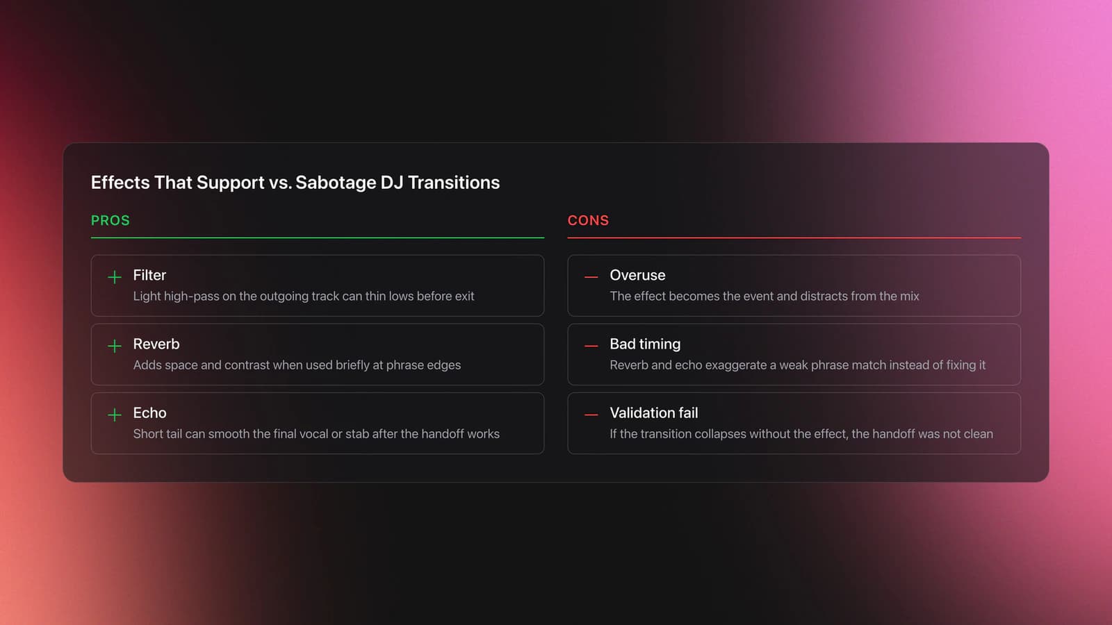 Pros and cons card comparing helpful uses of filters, reverb, and echo against common mistakes that sabotage DJ transitions