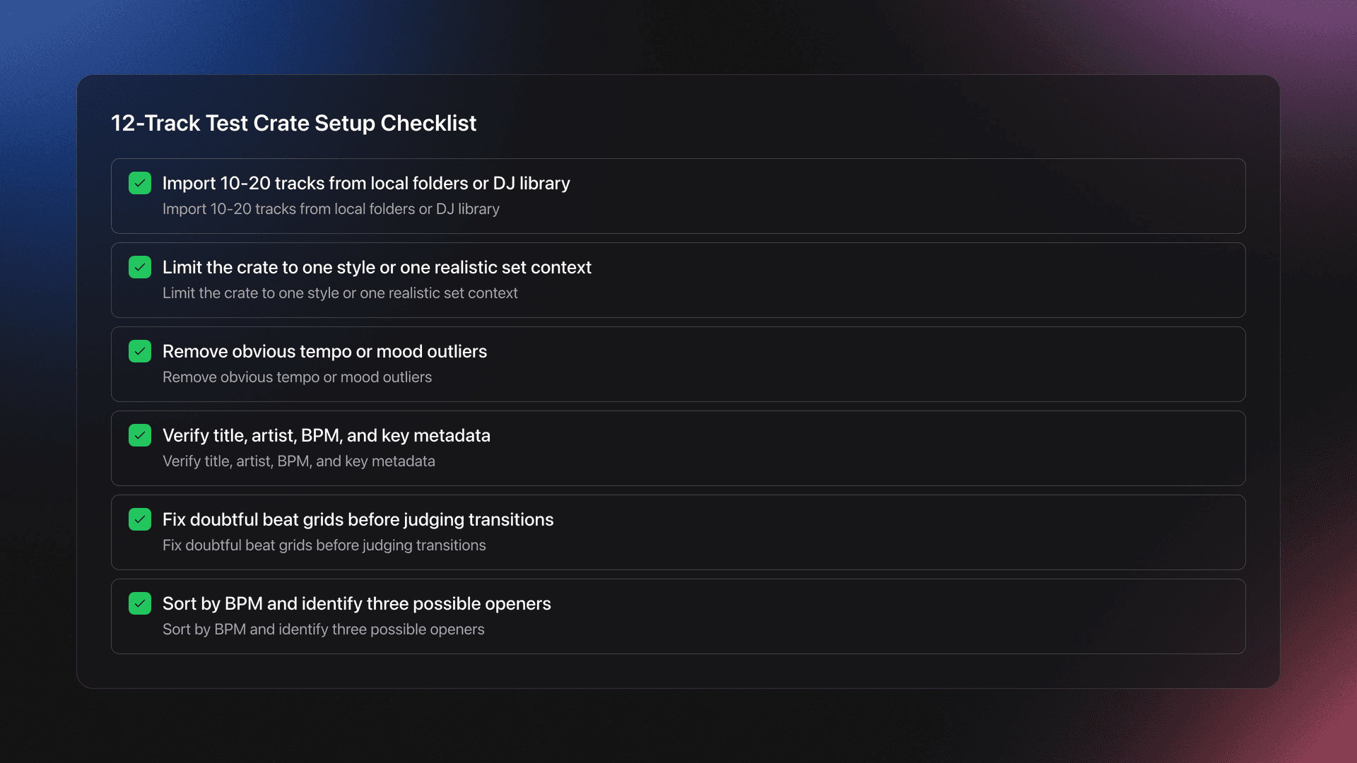 Checklist for building a small organized DJ test crate with clean metadata, beat grids, and opening track options