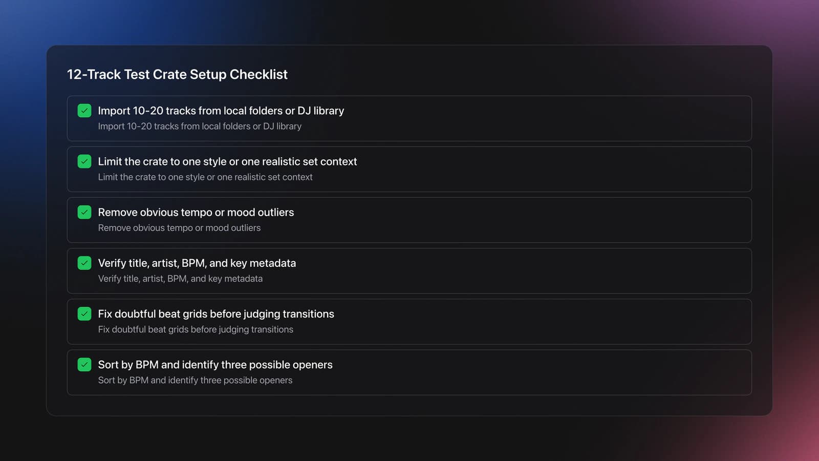 Checklist for building a small organized DJ test crate with clean metadata, beat grids, and opening track options