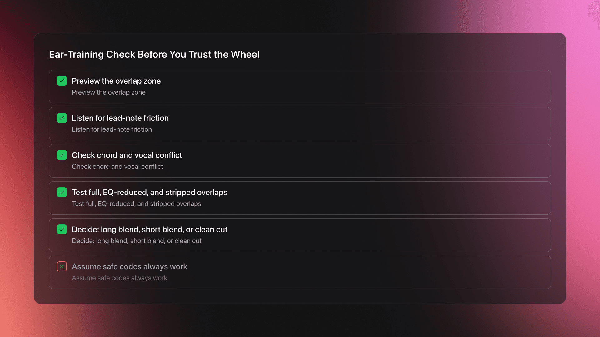 Checklist card for ear training with steps to preview overlap, listen for clashes, compare overlap styles, and avoid blindly trusting safe harmonic codes