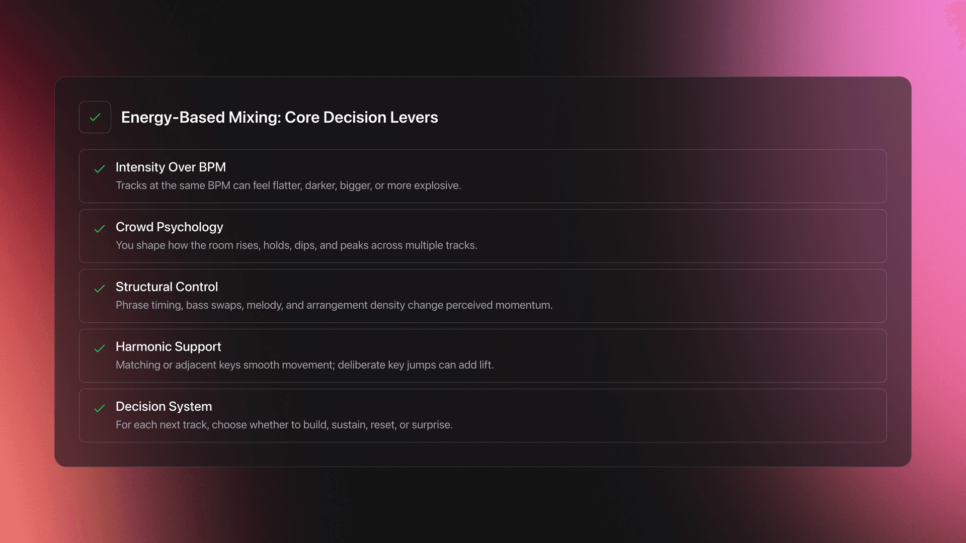 Feature card summarizing the main components of Energy-Based Mixing, including intensity, crowd psychology, structure, harmonic support, and decision-making