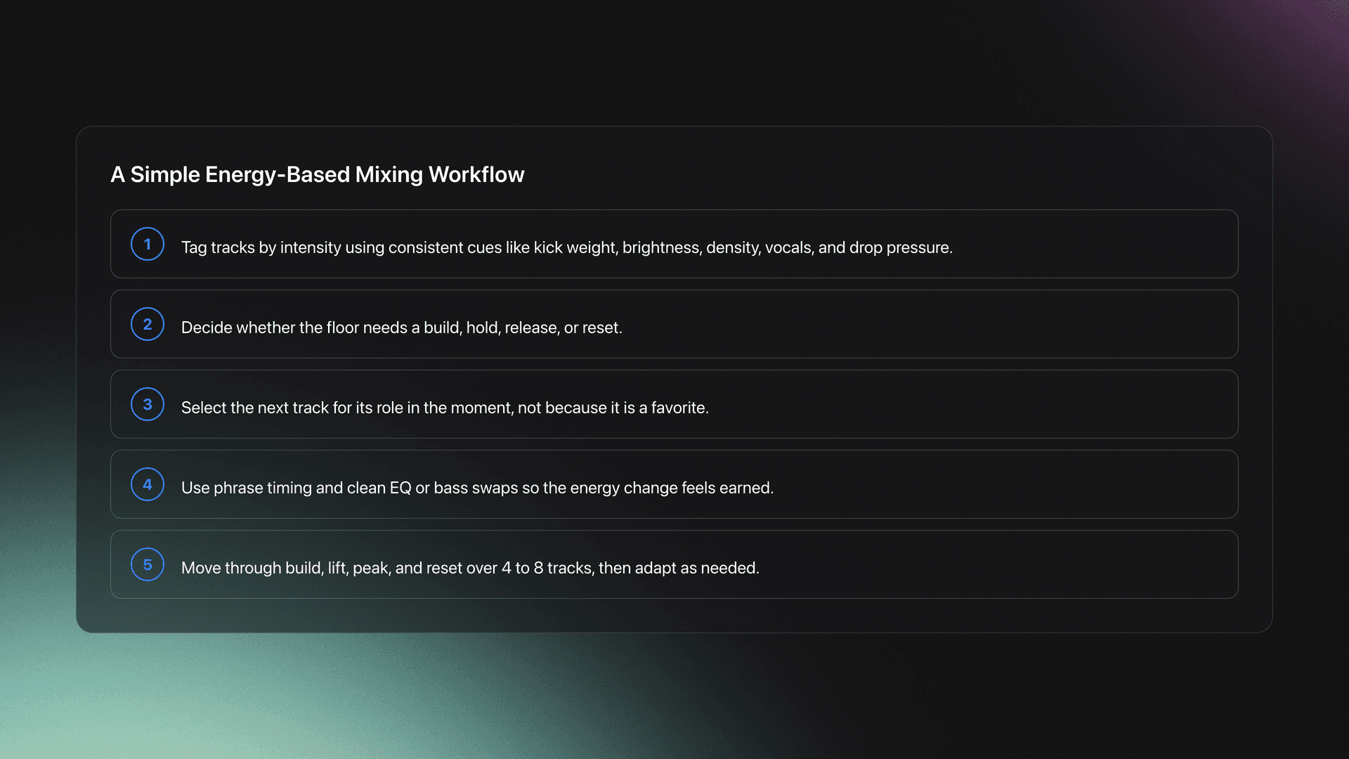 Five-step card showing how to do Energy-Based Mixing from rating tracks to shaping a build-lift-peak-reset arc