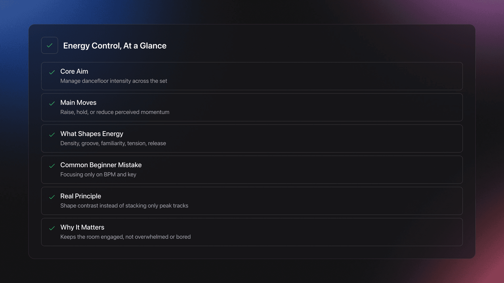 Feature card summarizing what Energy Control means, what affects it, and the main mistake beginners make