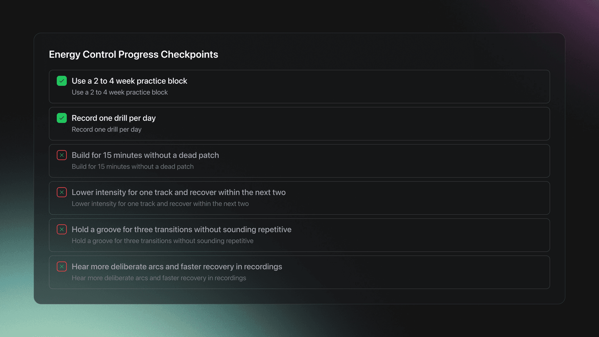 Checklist card showing a short Energy Control practice cycle and measurable performance checkpoints