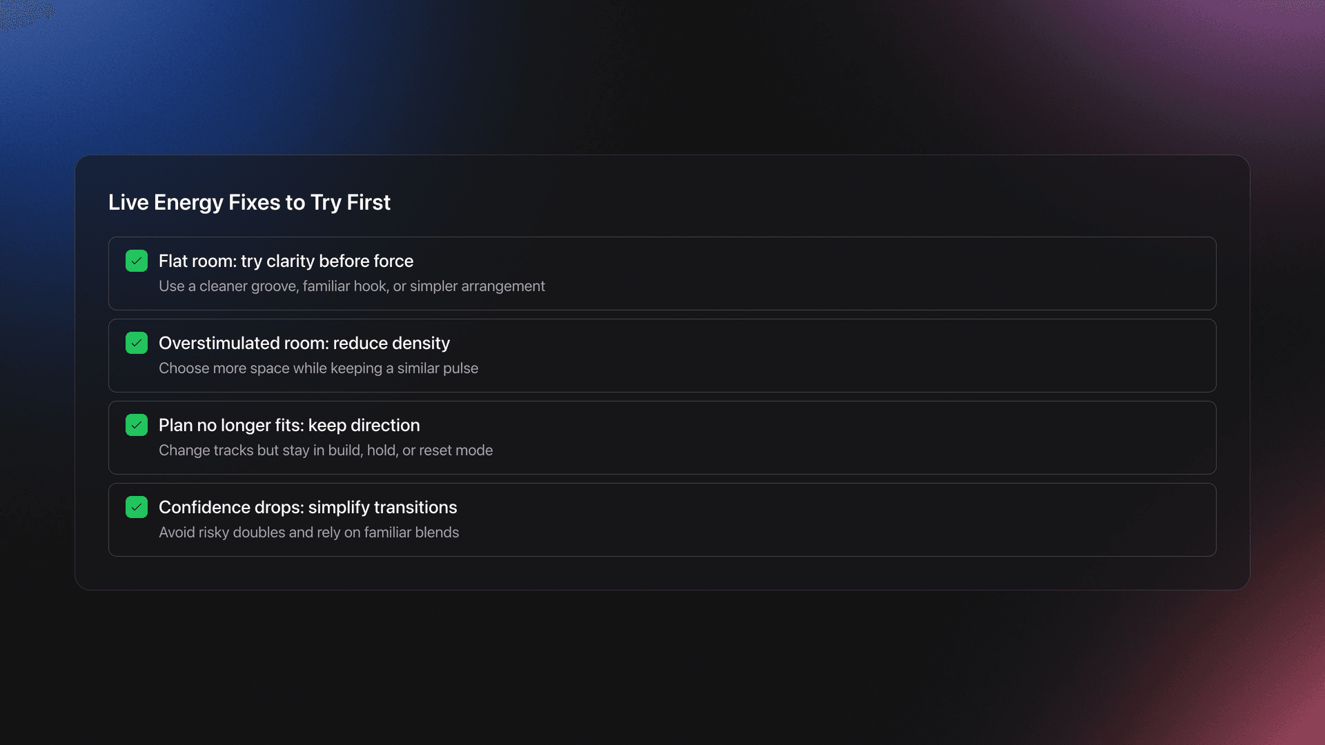 Checklist card showing practical fixes for flat, overstimulated, mismatched, or uncertain dance floor energy