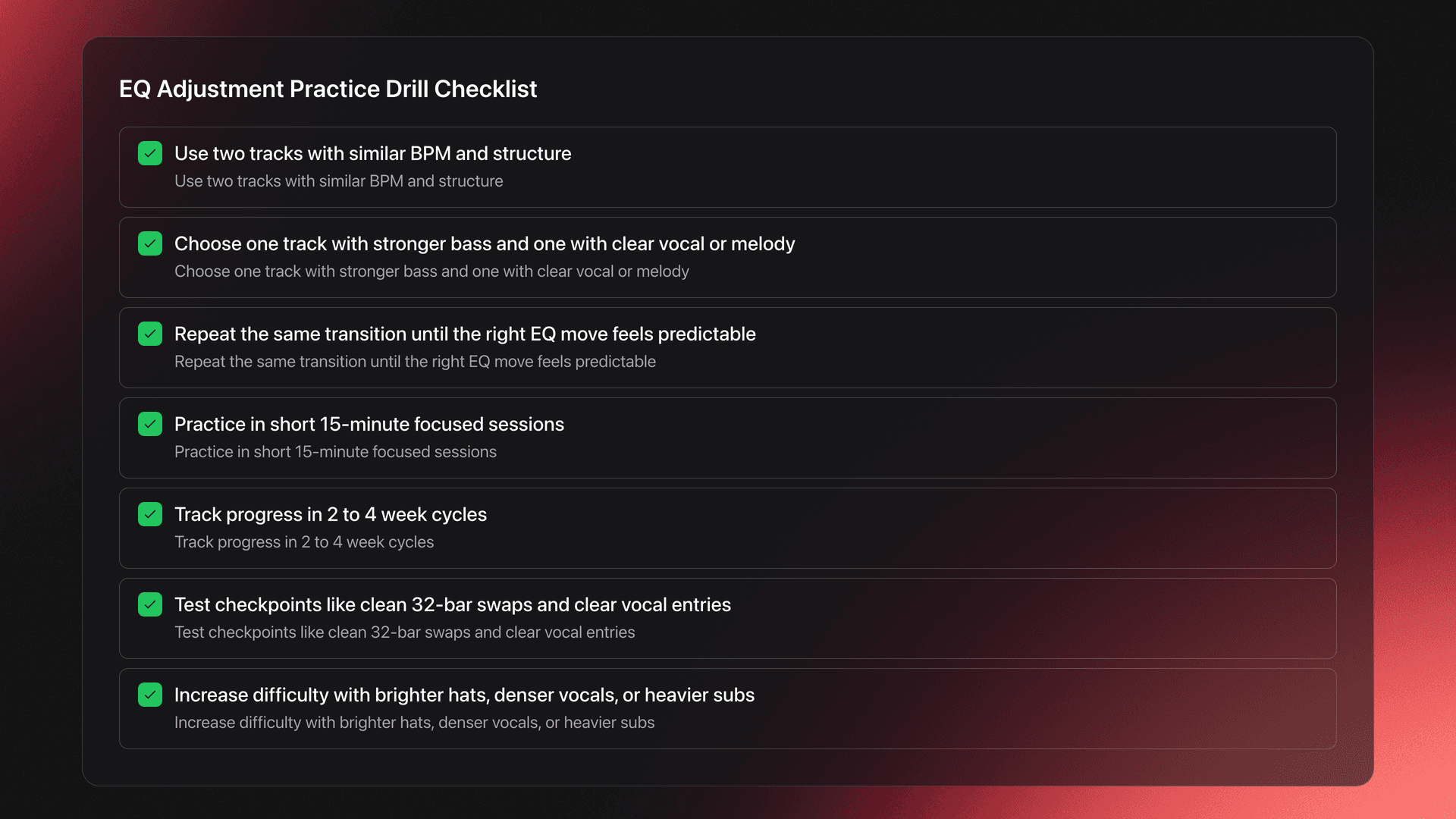 Checklist card for EQ Adjustment practice drills covering track selection, repetition, session length, progress tracking, and increasing difficulty