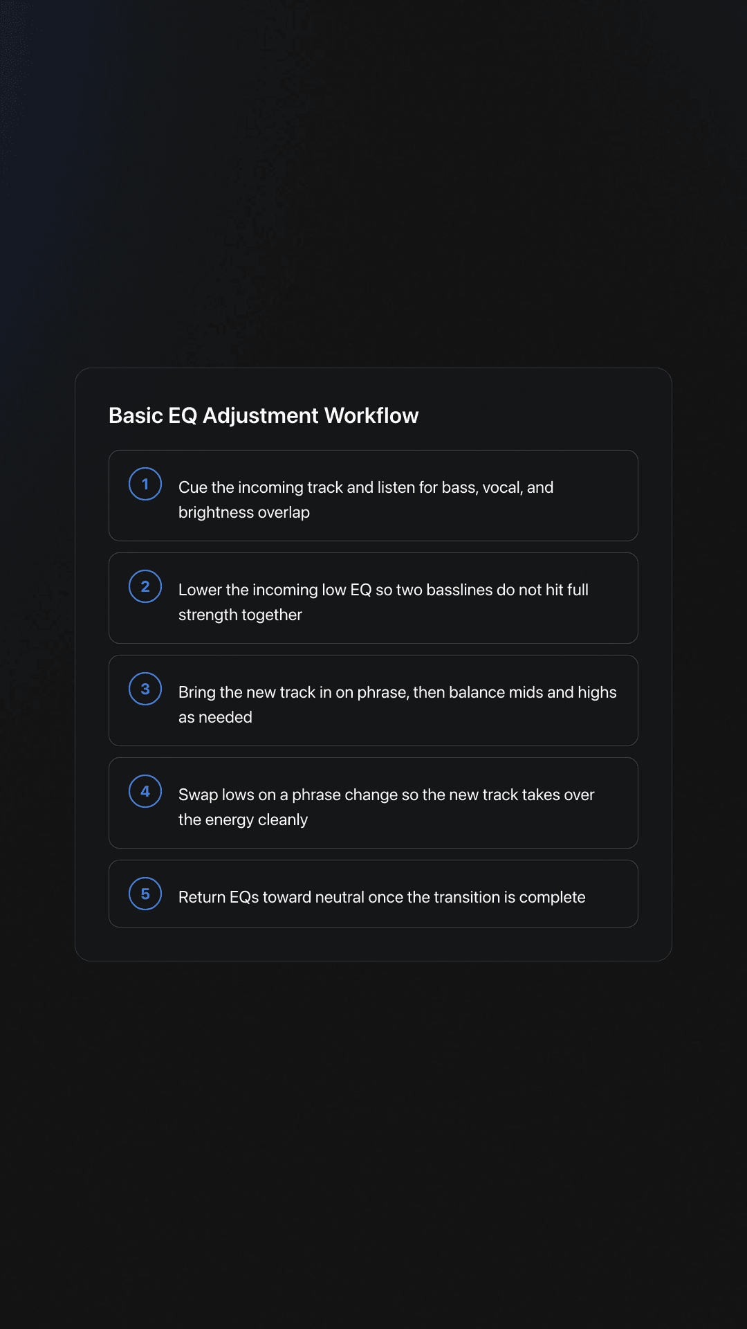 Step-by-step card showing the basic workflow for making EQ adjustments during a DJ transition