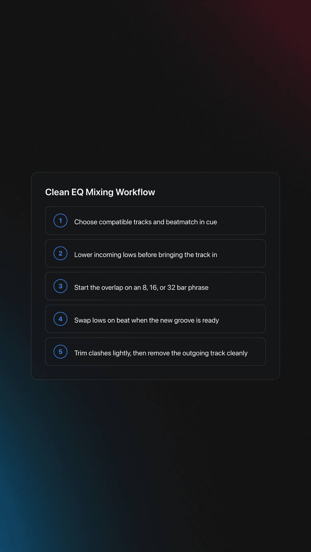 Five-step card showing the EQ mixing process from preparation and entry to bass handoff and clean exit