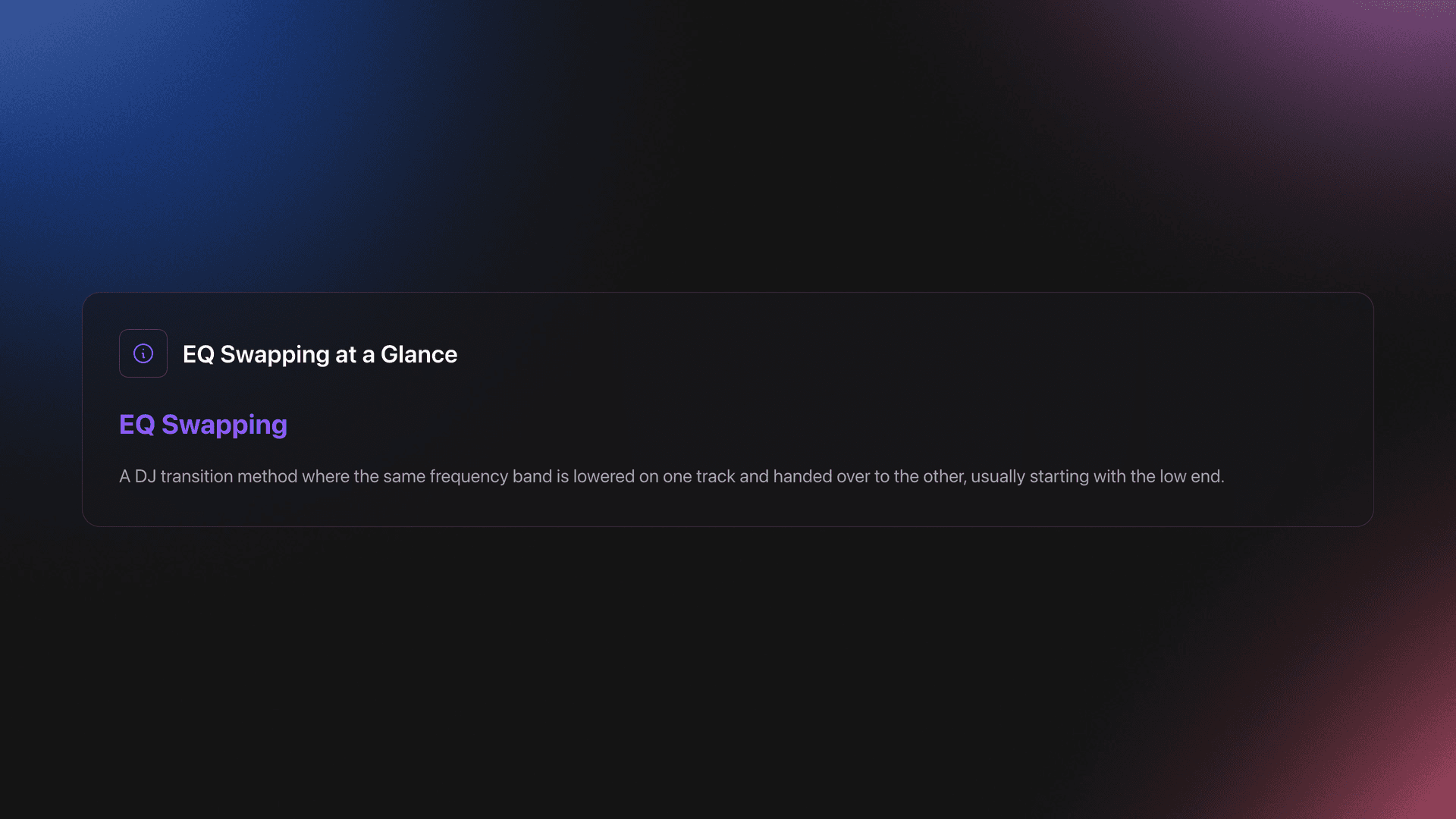 Definition card explaining EQ swapping as exchanging the same frequency band between outgoing and incoming tracks, usually the bass first