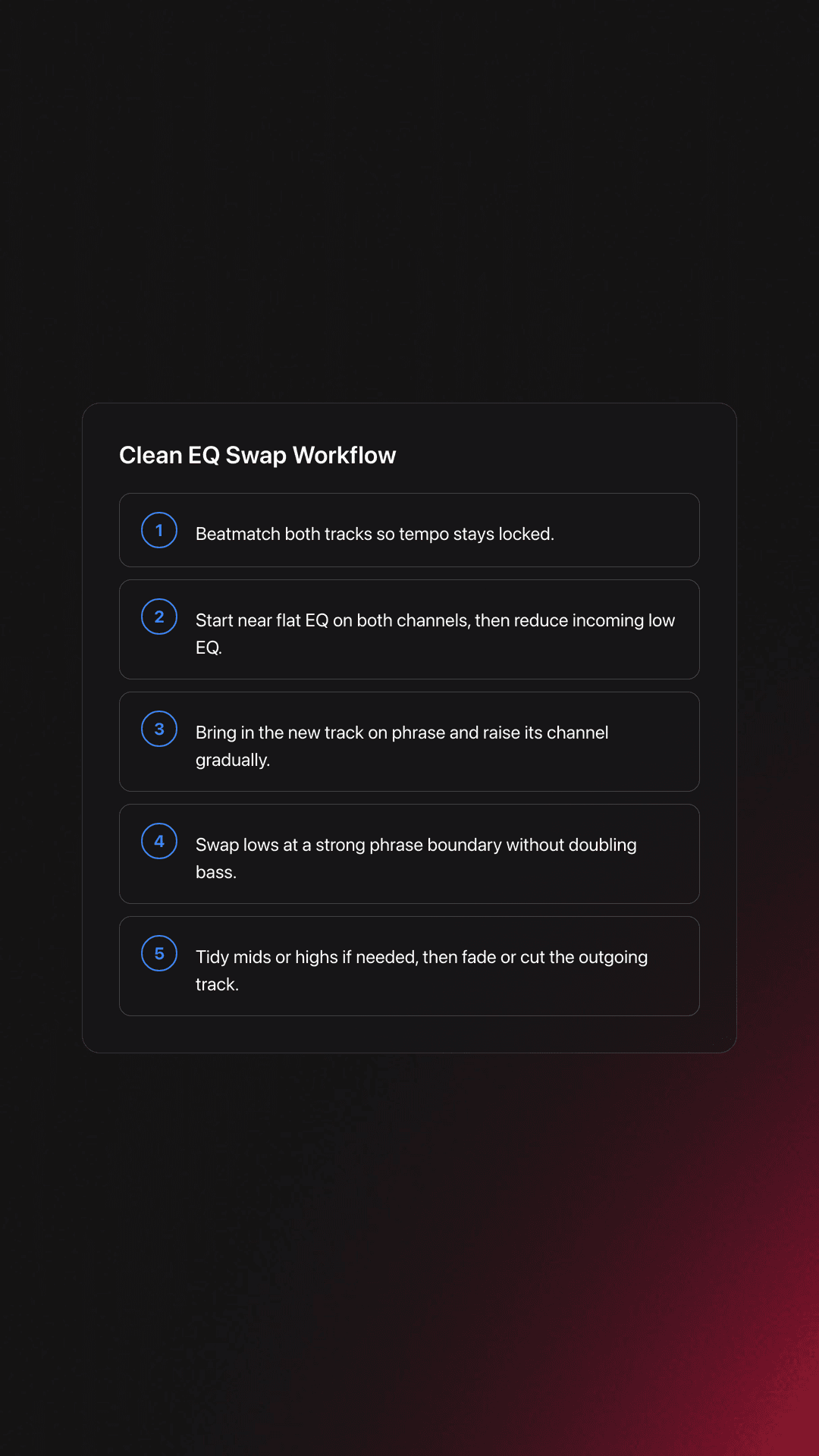 Five-step card showing the basic workflow for performing a clean EQ swap during a DJ transition