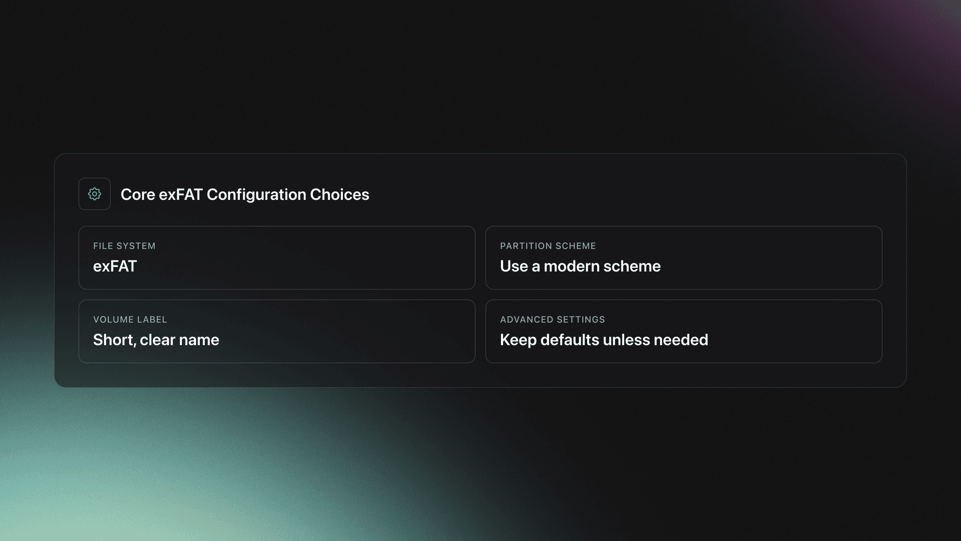 Specifications card summarizing the main exFAT configuration choices: file system, partition scheme, volume label, and default settings
