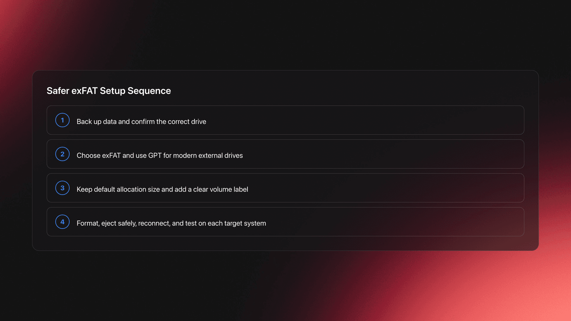 Steps card showing the recommended sequence for configuring exFAT safely from backup to cross-system testing