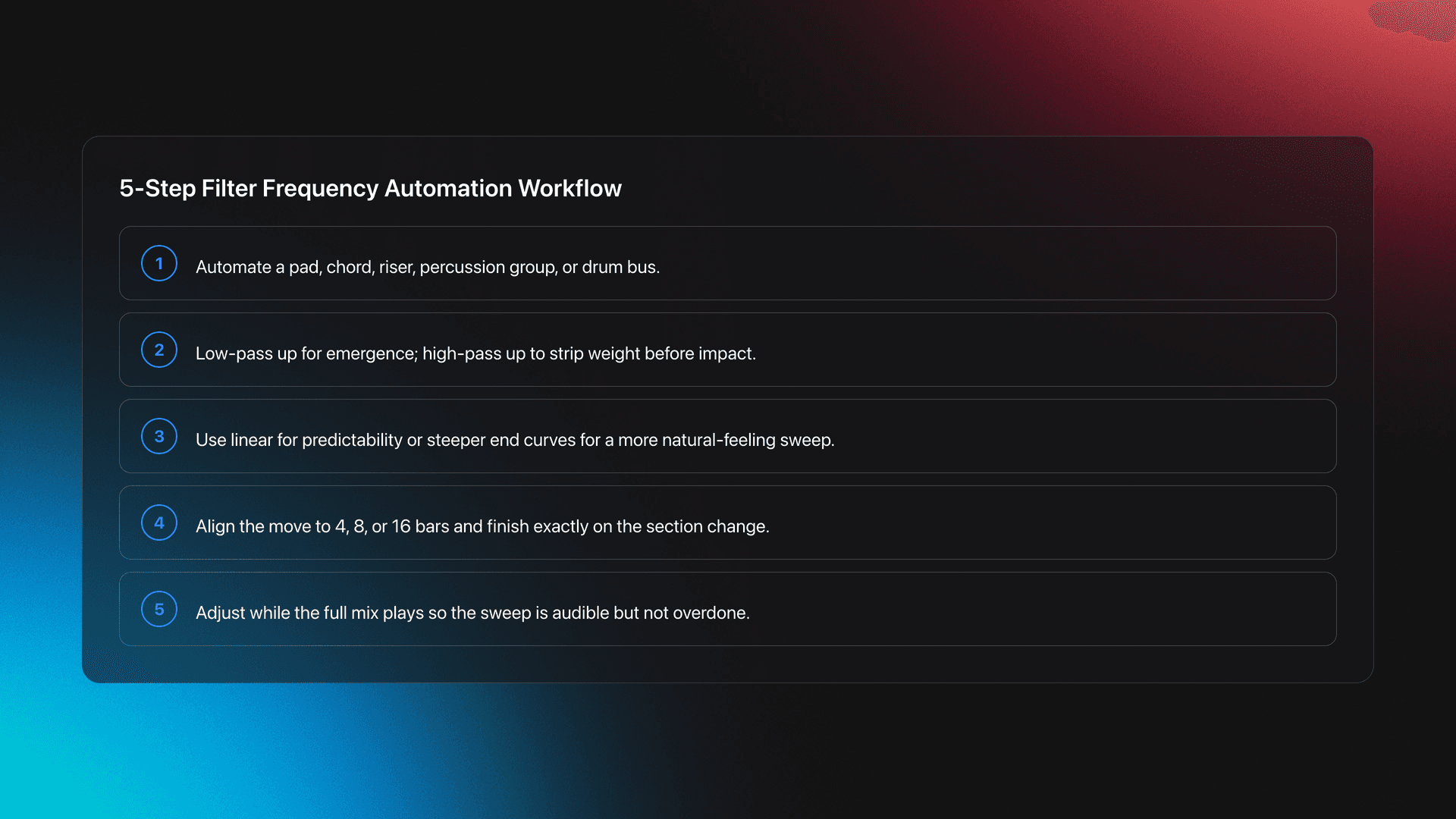 Five-step card showing how to apply filter frequency automation from choosing a source to checking the result in context