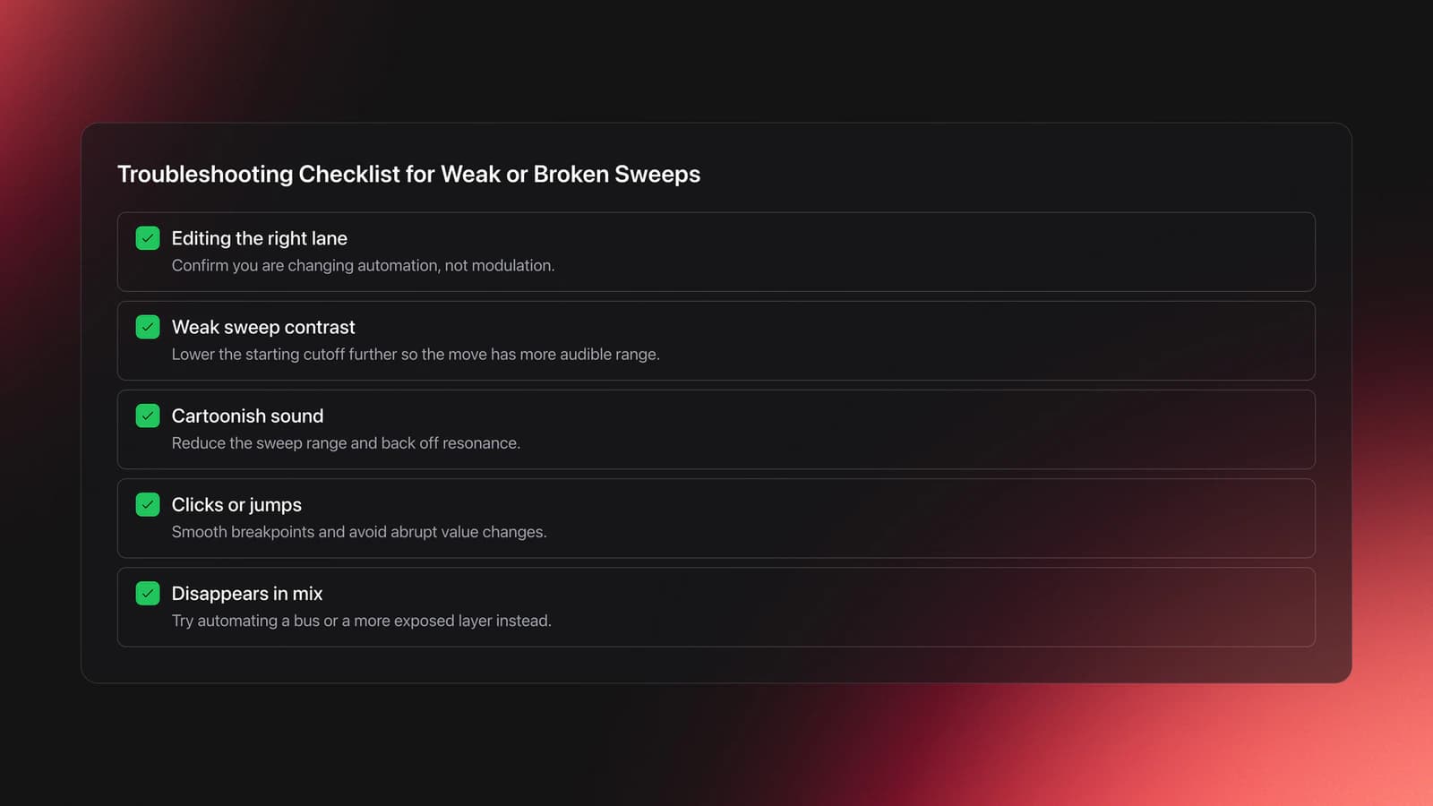 Checklist of common filter frequency automation problems and fixes including automation versus modulation, weak sweeps, clicks, and mix issues