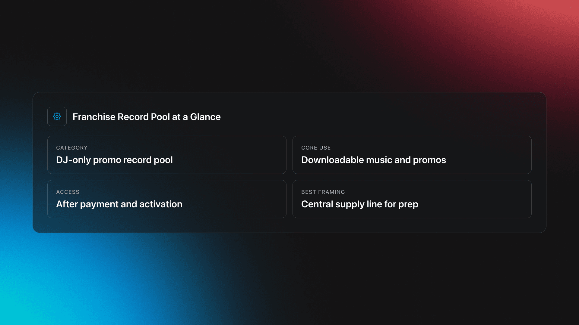 Specifications card summarizing Franchise Record Pool as a DJ-only promo pool with downloadable music, member access after payment, and a central workflow role
