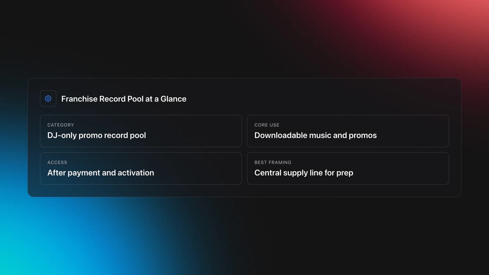Specifications card summarizing Franchise Record Pool as a DJ-only promo pool with downloadable music, member access after payment, and a central workflow role