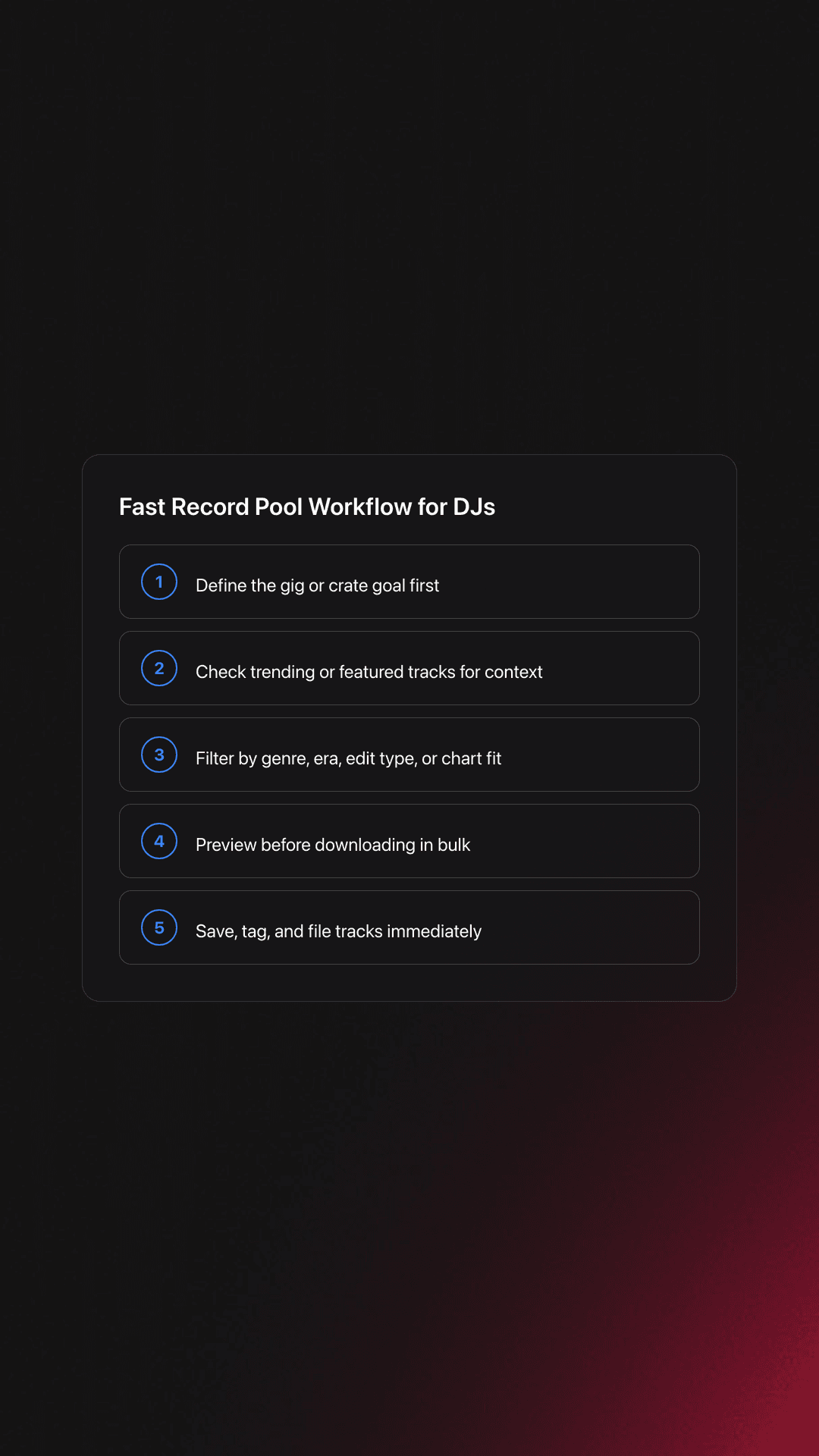 Five-step workflow card showing how DJs should use Franchise Record Pool efficiently from defining the gig to organizing downloaded tracks